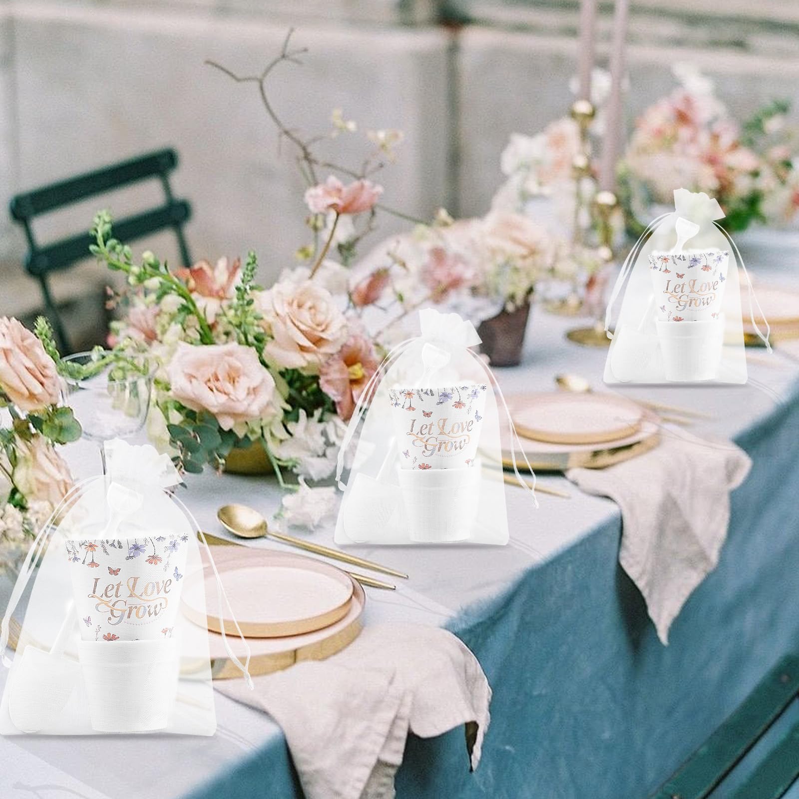 200 Stück Let Love Grow Hochzeitsgeschenke für Gäste, inklusive 50 Blumensamen-Paketen, 50 Töpfe, 50 Organza-Beutel, 50 Gartenschaufeln für Brautparty, Hochzeit, Party, Gastgeschenke, Keine