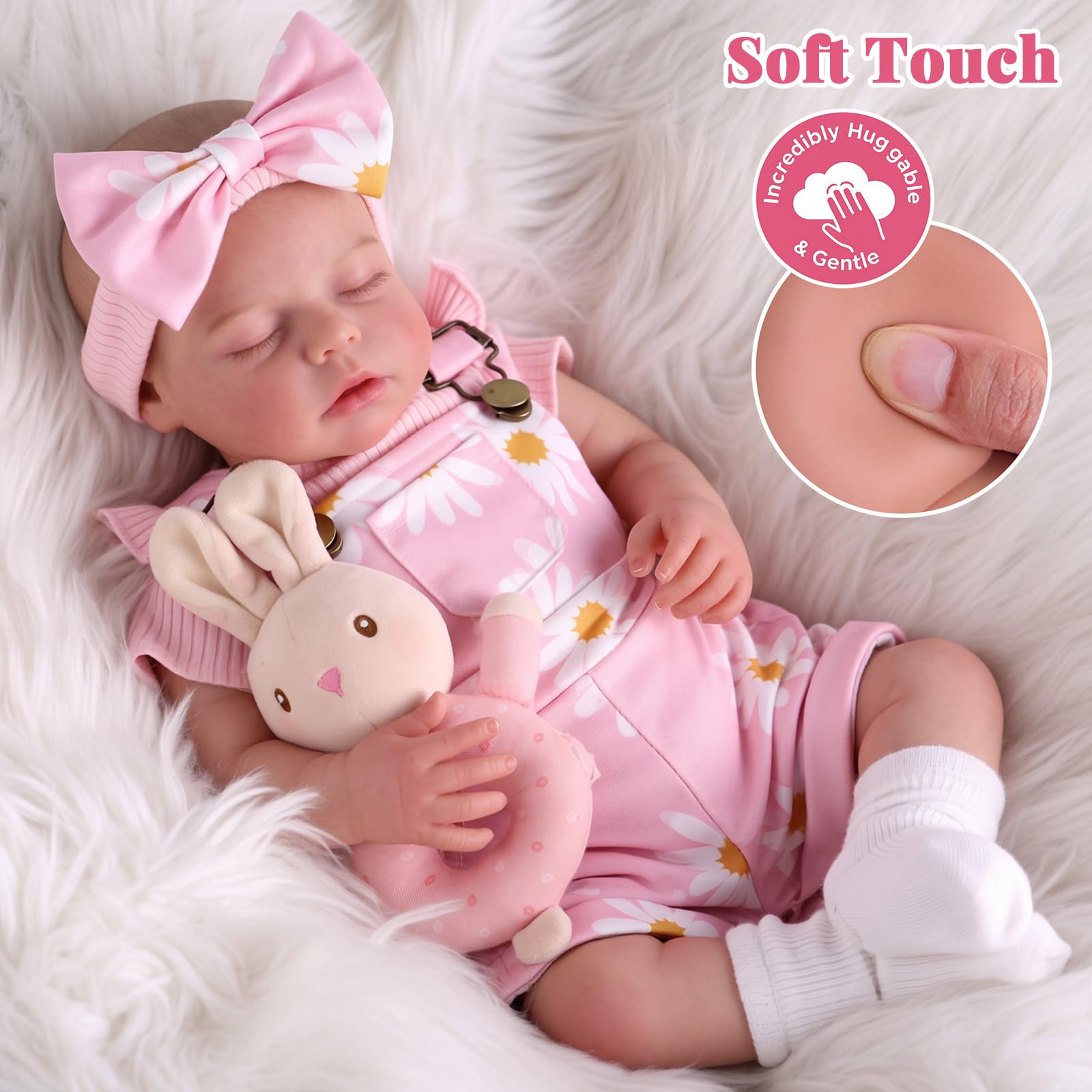 BABESIDE Reborn Puppe Mädchen, 20 Zoll Vinyl Schlafende Babypuppen wie echt | Bewegliches Reborn Baby mit Stoffkörper, Lebensechte Babypuppen mit Latzhosen-Set und Zubehör, Baby Doll Puppe ab 3+ Jahre
