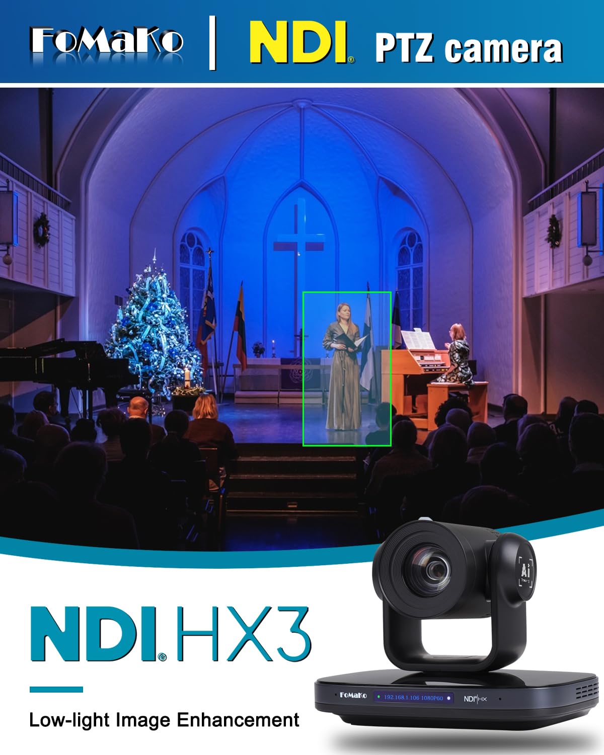 FoMaKo NDI SDI PTZ Camera HDMI, AI Auto-Tracking, NDI Camera 20X Optical Zoom, USB3.0 Type-C 3G-SDI,for Church Worship Education Conference Events, KN20