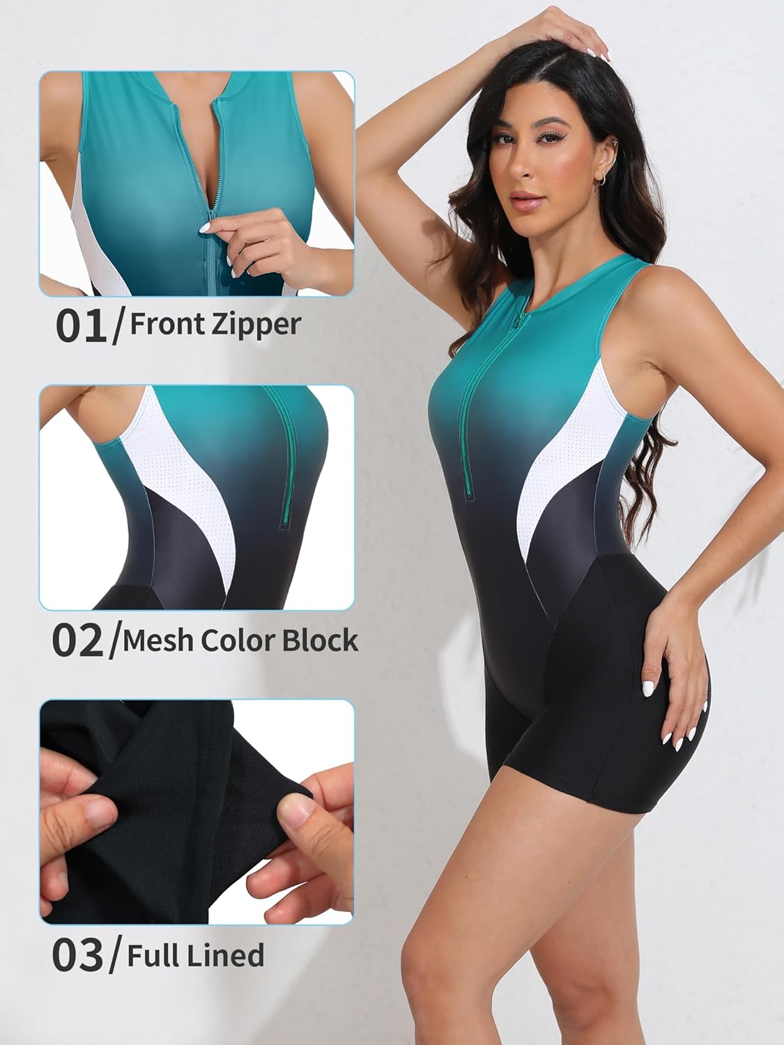 ATTRACO Athletic One Piece Swimsuits for Women Zipper Up Bathing Suits Modest Boyleg Swimwear