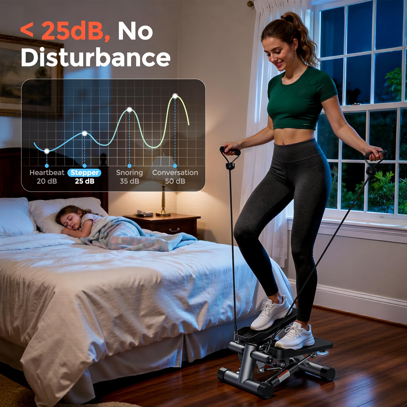 Sportsroyals Stepper Fitness 3in1 | Mini Stepper Fitness Casa con Bande di Resistenza + Monitor LCD, 150 kg (01-Improved Stepper)