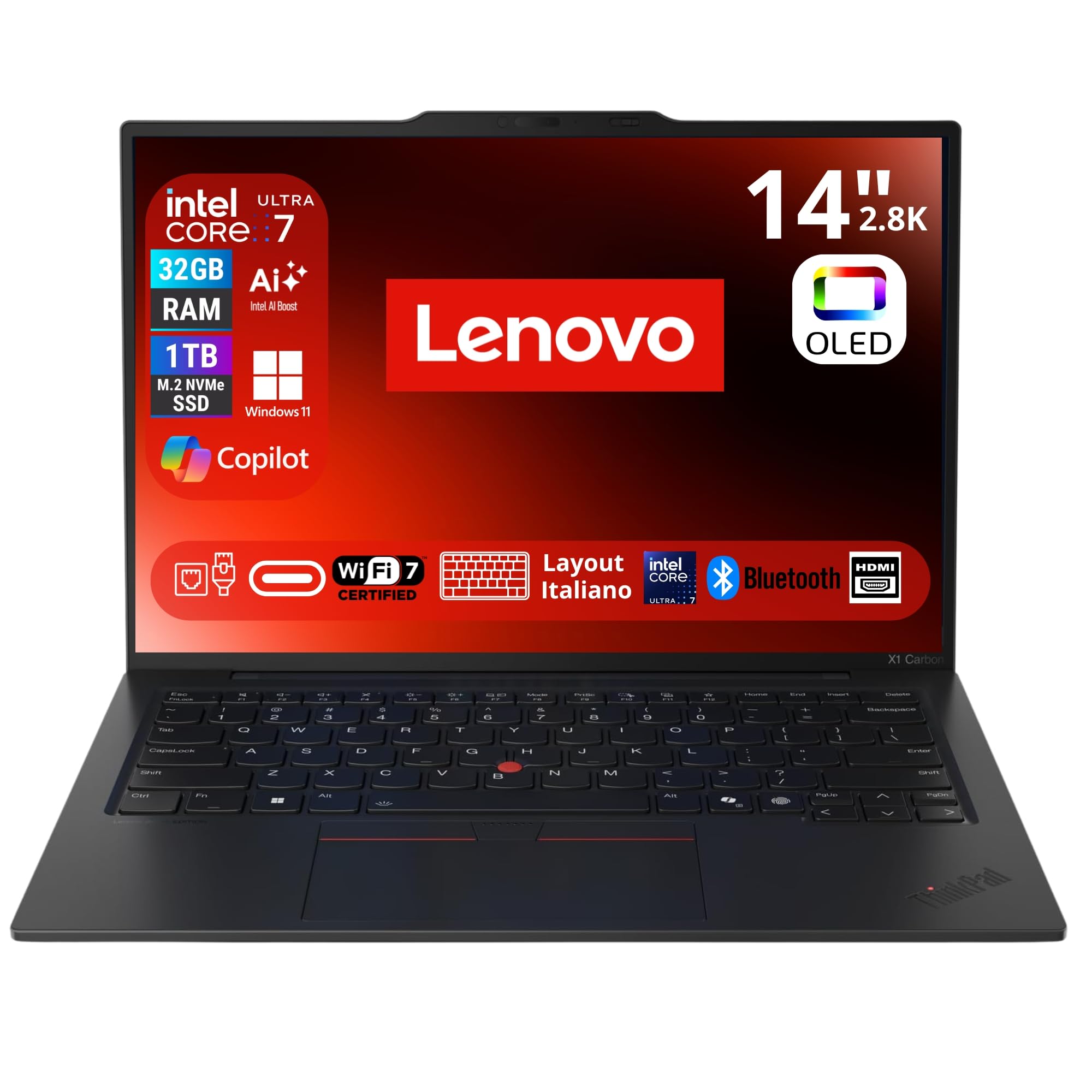 Lenovo Notebook Business ThinkPad X1 Carbon Gen 13 Aura Edition, Intel Core Ultra 7-258V, NPU, Display OLED 14" 2.8k 32GB LPDDR5x, NVMe Windows 11 Pro + Office 2024, Docking Station 10-in-1 Inclusa