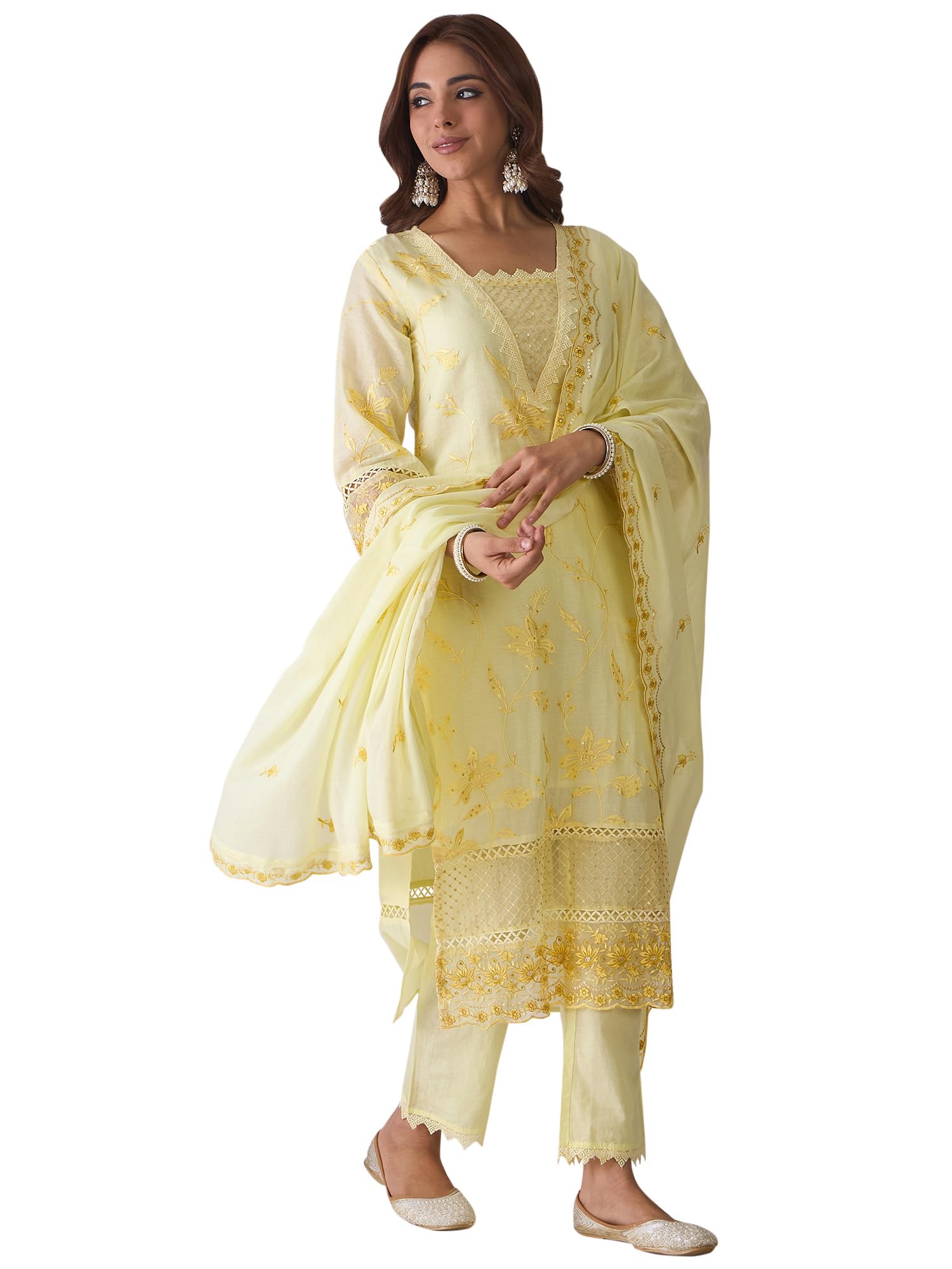 indo era Women's Embroidered Pure Cotton Kurta & Pant with Dupatta Set (KH0YL6082)-picture-54