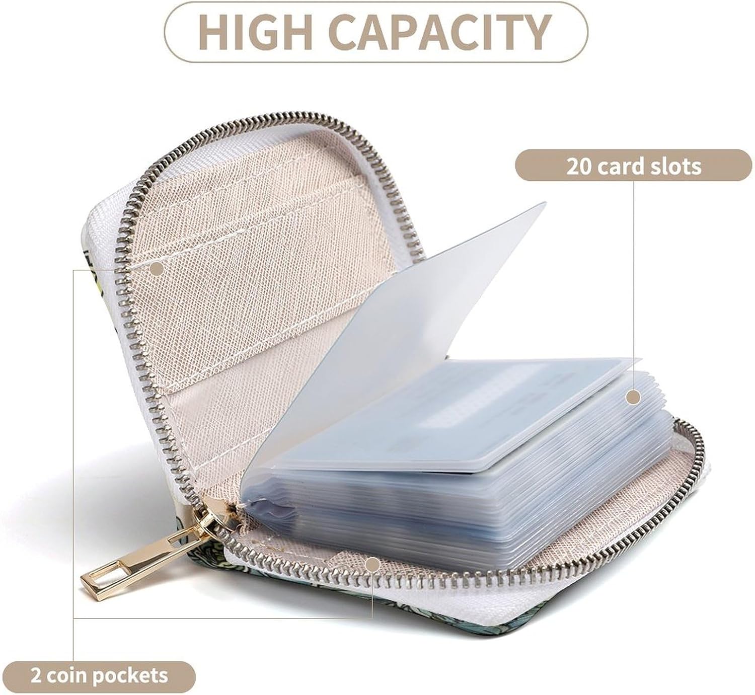 Leather Card Organizer Case Card Wallet Credit Card Holder Green Succulent Picture Printed Zipper Card Cases Holder for Women Men