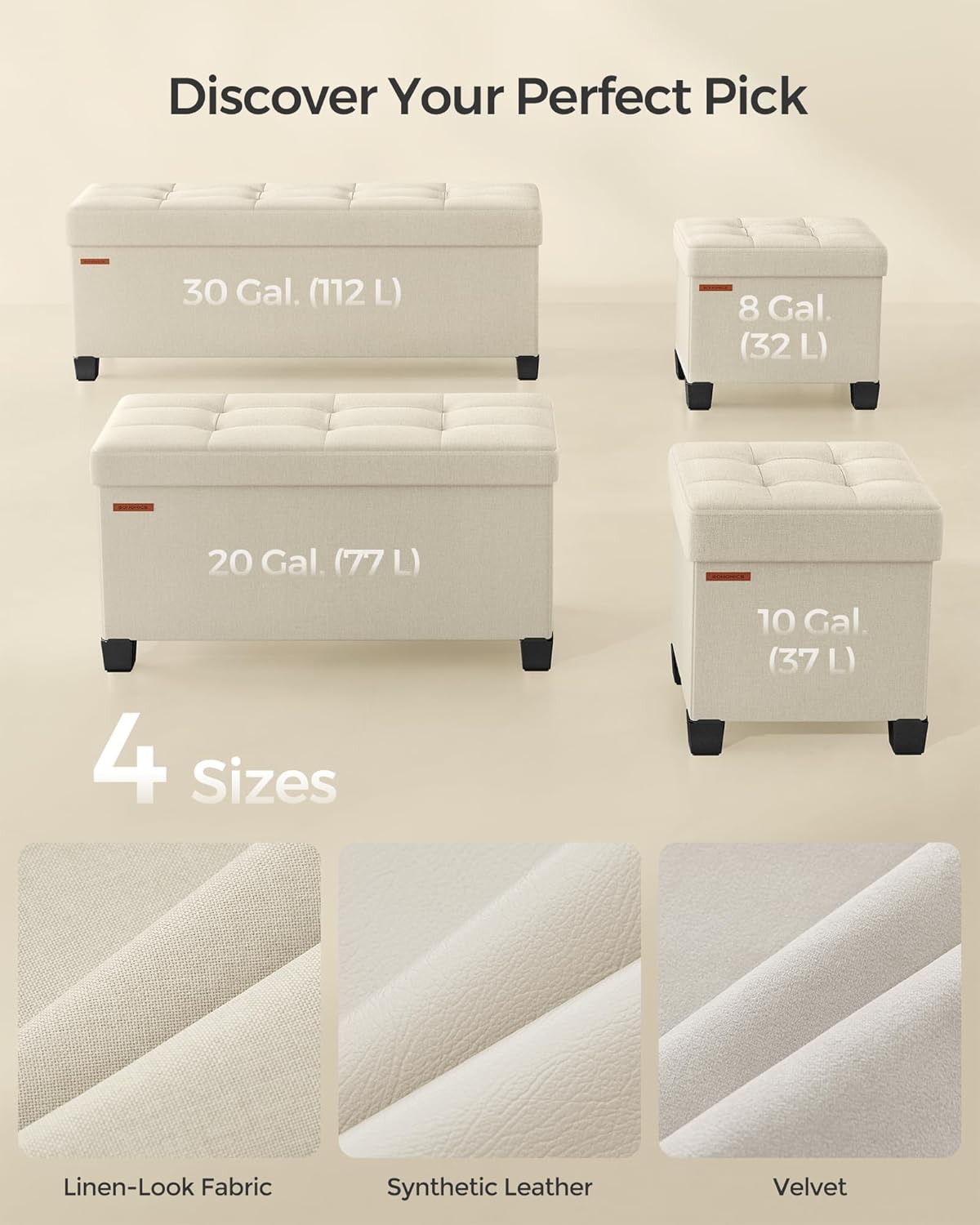 SONGMICS Storage Ottoman, Small Ottoman Foot Rest with Legs, 12.6 x 15.7 x 13.2 Inches Foot Stool, Load up to 660 lb, for Living Room, Bedroom, Dorm, Cream White ULSF012W01