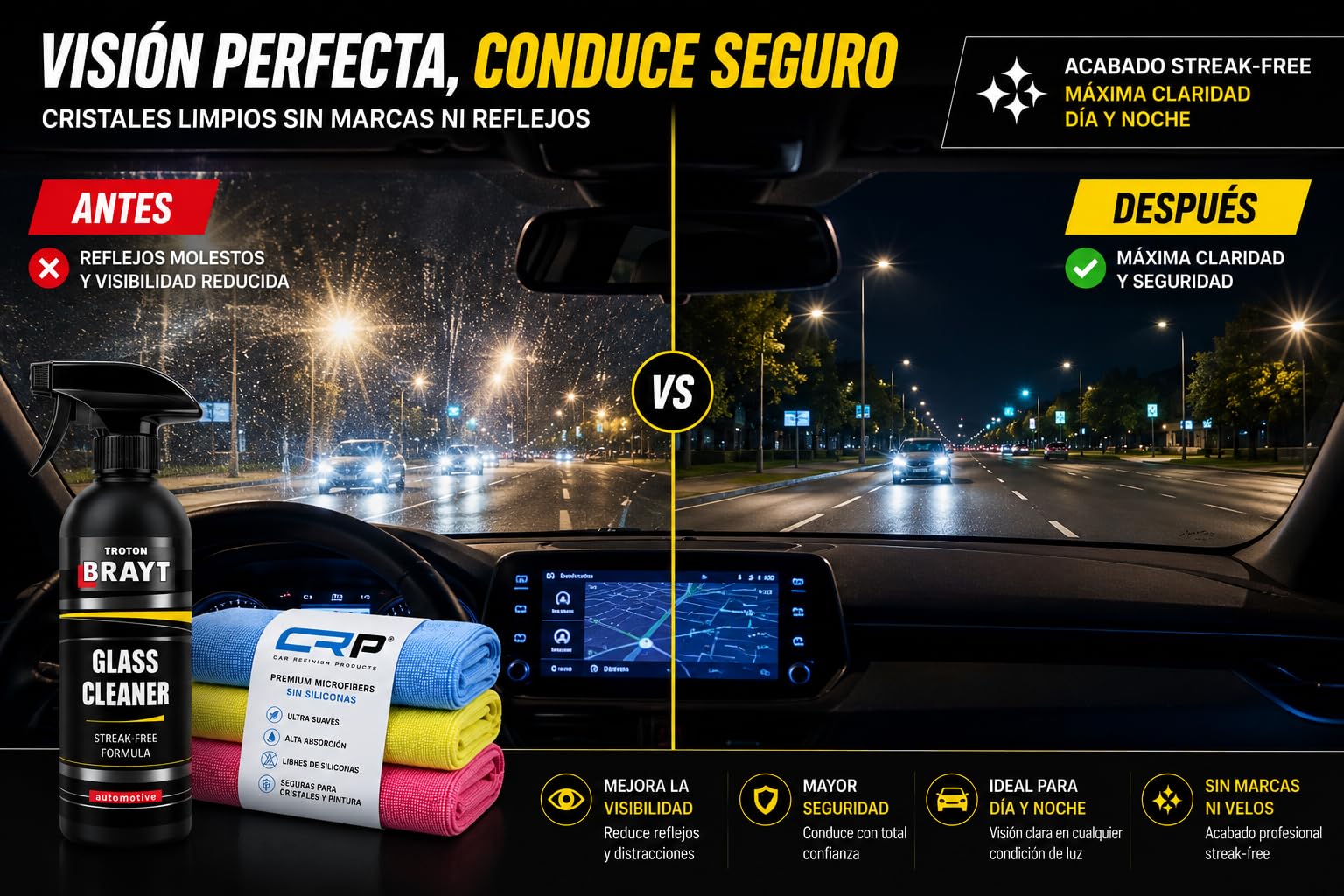 Limpiacristales Coche BRAYT by CEPISA 500 ml + 3 Bayetas Microfibra | Limpiador de Cristales, Espejos y Pantallas, Sin Marcas ni Velos