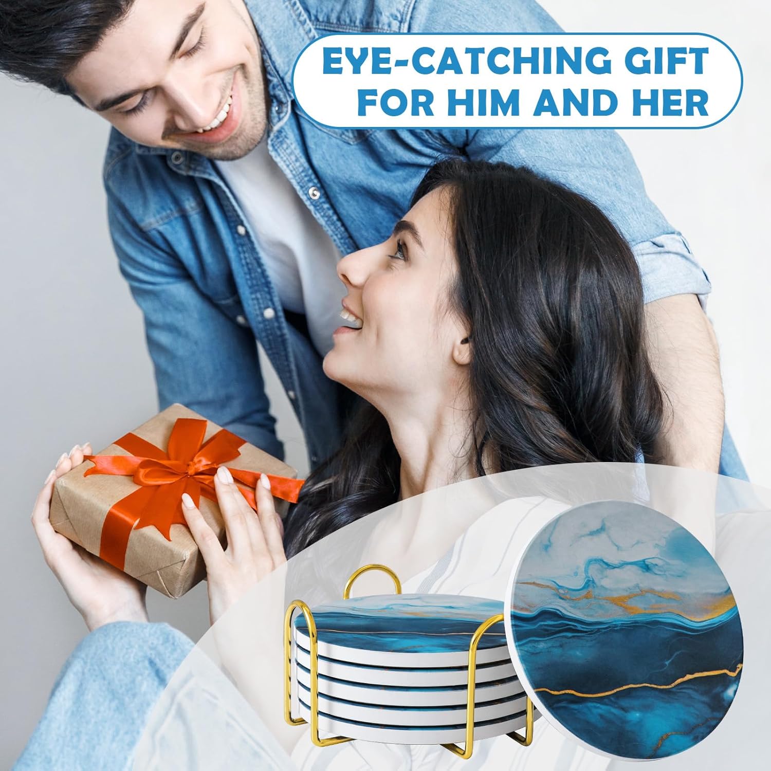 GOH DODD Coasters for Drinks Set of 6, Absorbent Marble Style Ceramic Coaster Tabletop Protection Home Decor with Metal Holder for Coffee Table, Housewarming Gifts Wedding Party, Blue, Round, 4 Inch - Image 7