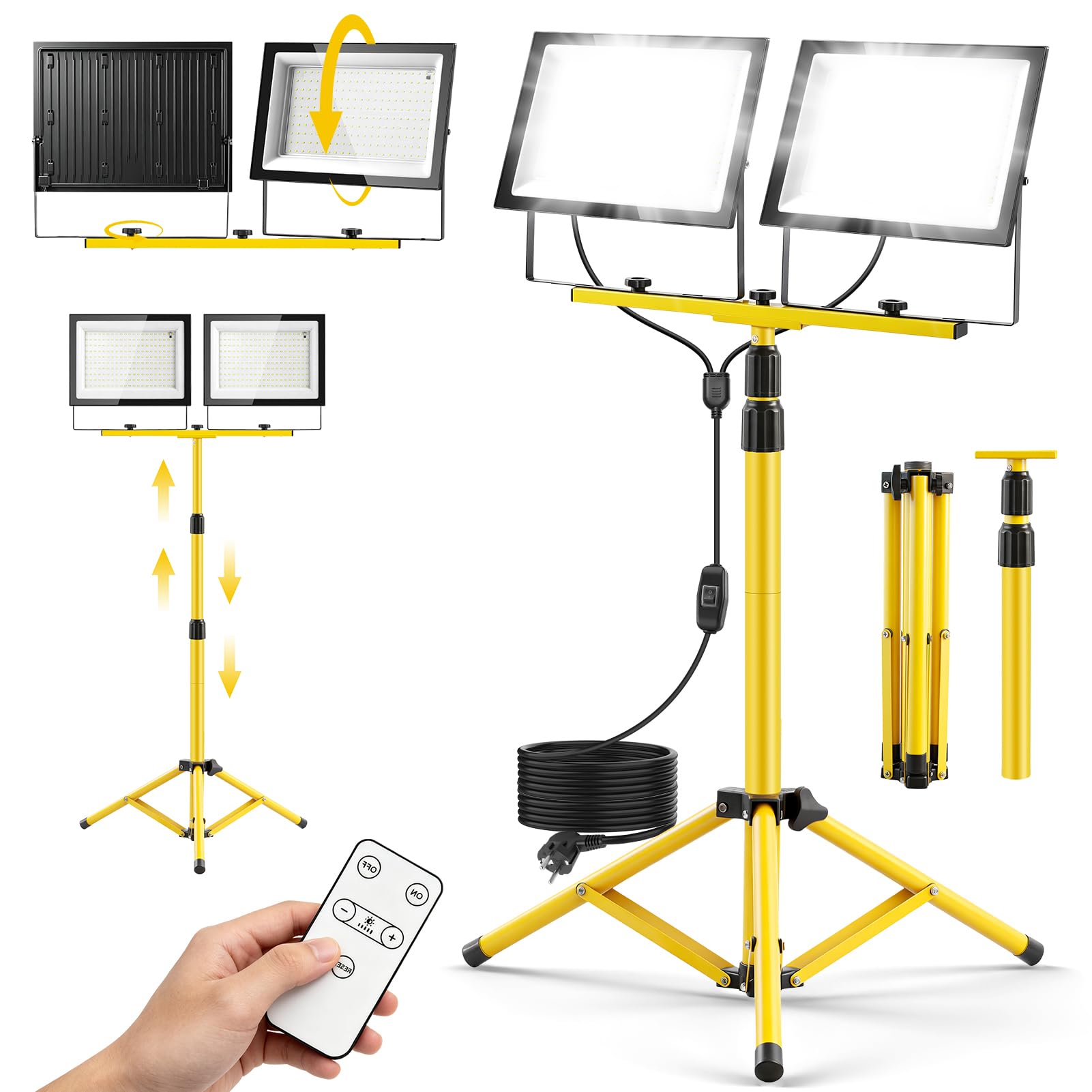 Viugreum Foco de Trabajo LED de 400W con Trípode y Mando Distancia, Foco de Seguridad Regulable de 6500K con 2 Cabezales Ajustables, Altura Máxima de 185cm, IP66, Foco Portátil con Enchufe y 5m Cable