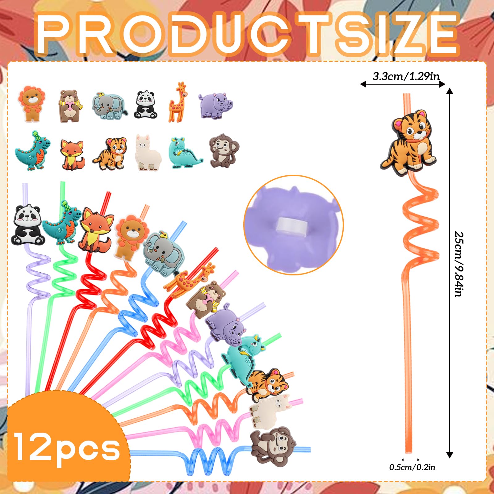 Pajitas Reutilizables Niños 12 Piezas Animales Pajitas, Pajitas Plástico, Gafas Pajita para Beber, Pajitas Fiesta En Espiral, Para Leche, Jugos, Cócteles Decoración de La Fiesta de Cumpleaños