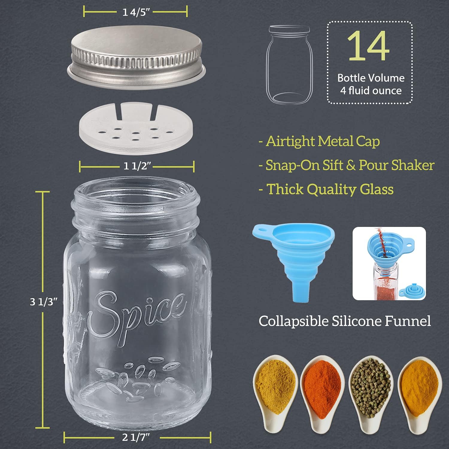 14 Pcs Glass Mason Spice Jars with Spice Labels - 4oz Empty Spice Bottles - Shaker Lids and Airtight Metal Caps - Chalk Marker and Collapsible Funnel ...
