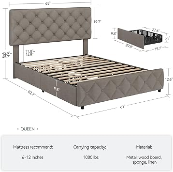 IDEALHOUSE Linen Fabric Queen Bed Frame with 4 Storage Drawers, Light Grey