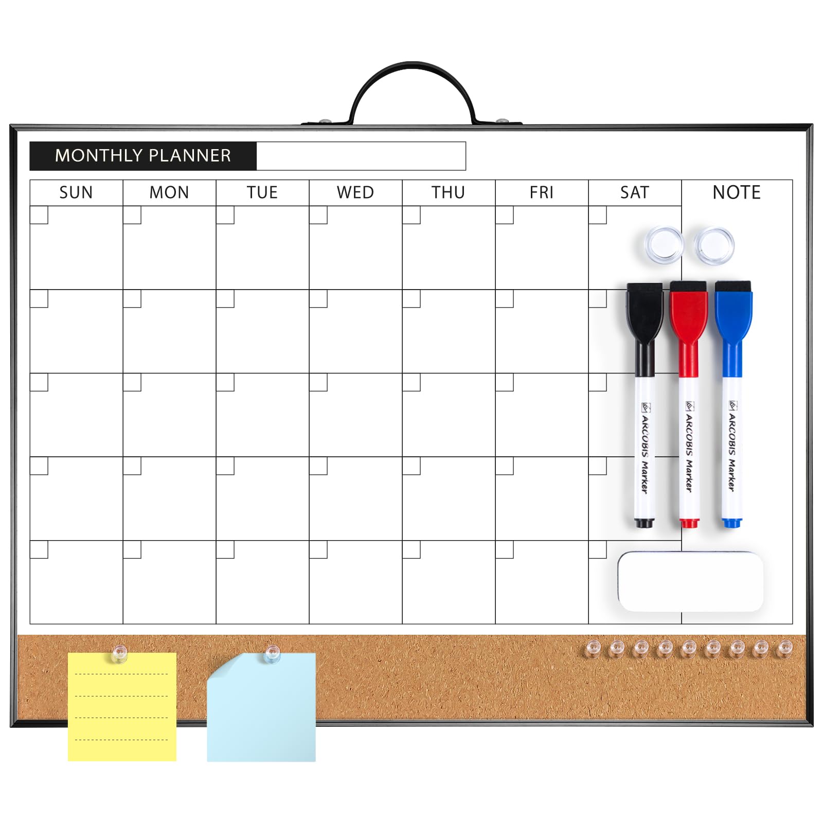 ARCOBIS Calendar Whiteboard Cork Board Combination for Wall, 12"x16" Double-Sided Monthly Dry Erase Calendar, Magnetic White Board for Planning, Office, School, Home, Black