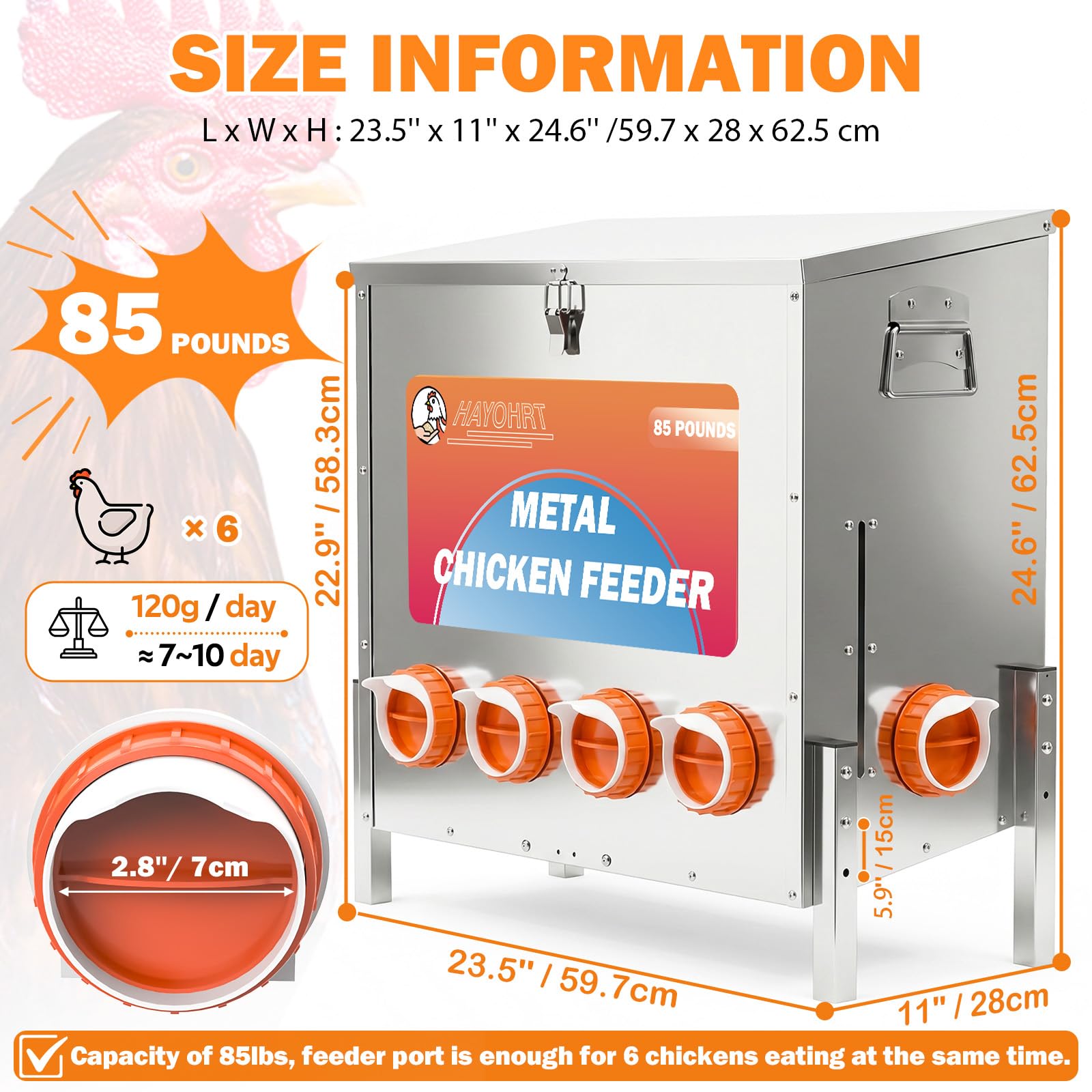 Alimentador automático de pollos de 85 libras, 6 puertos, alimentador de pollo alimentado por gravedad grande con patas ajustables, pestillo de ventana y mango para pollos, bantamos, faisanes