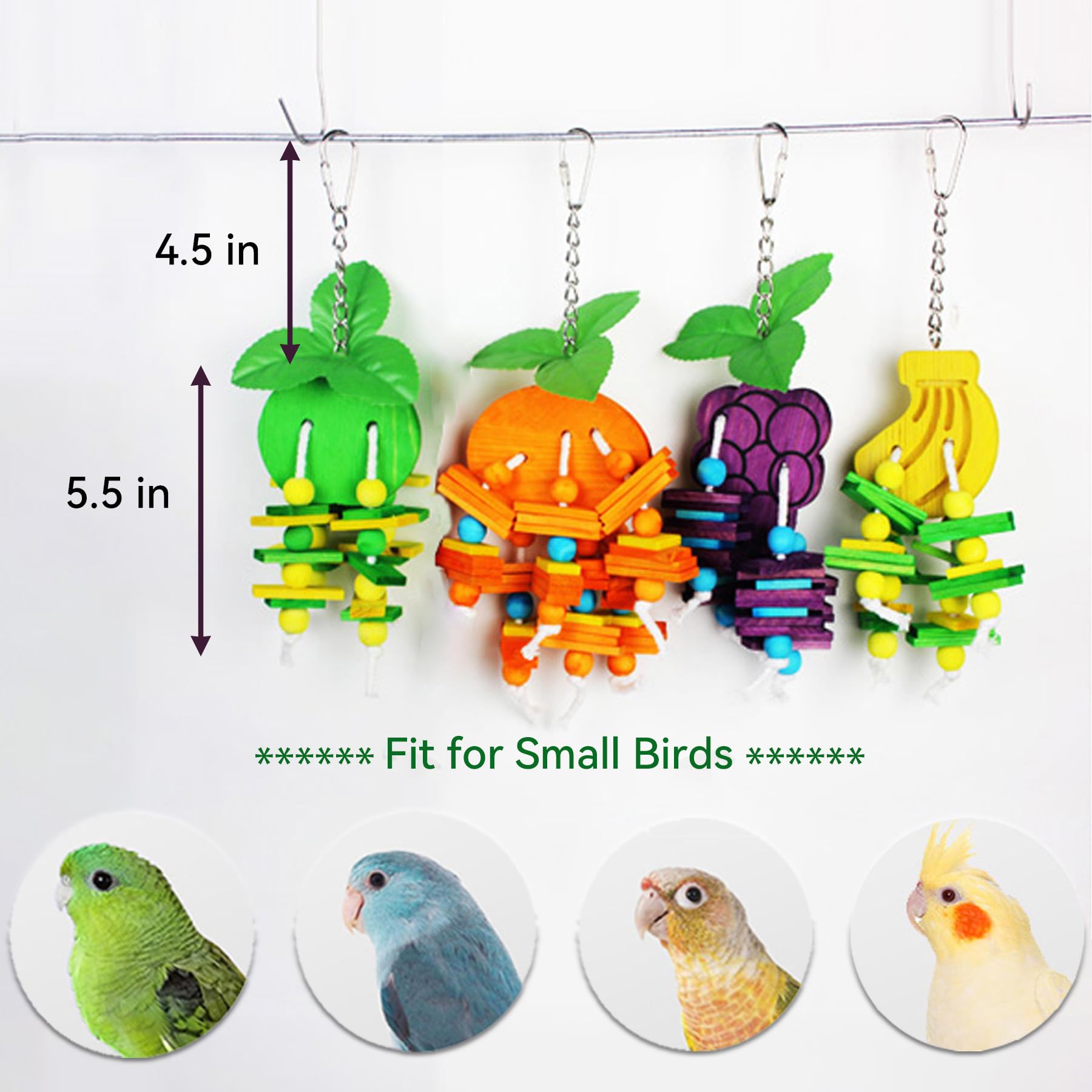 JSLZF Bird Chewing Toy for Parrot Cockatiel Conure Wood Block Cage Hanging Foraging Budgie Bite Toy for Parakeet Small (4PCS Fruit Shape) - image 7