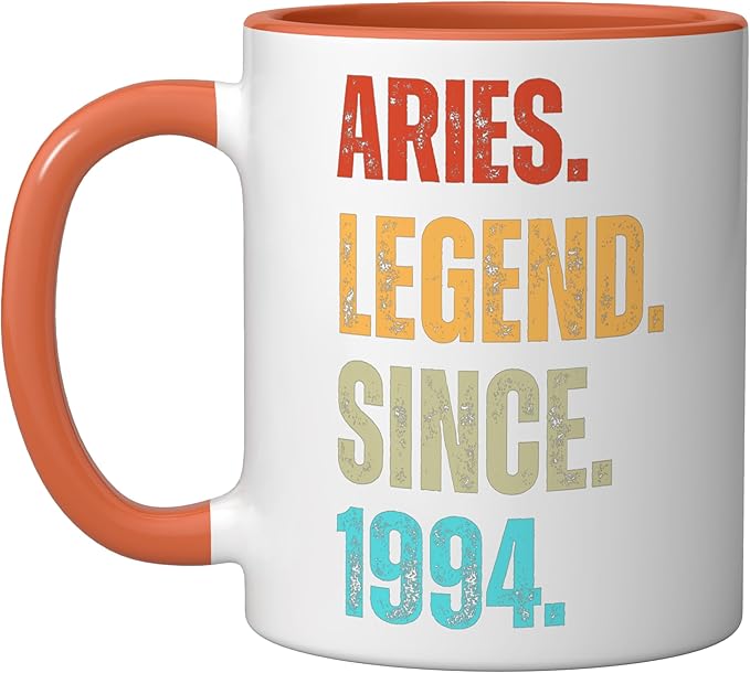 Aries Legend Since 1994 Retro Zodiac Sign Birthday Ceramic Mug, Orange/White