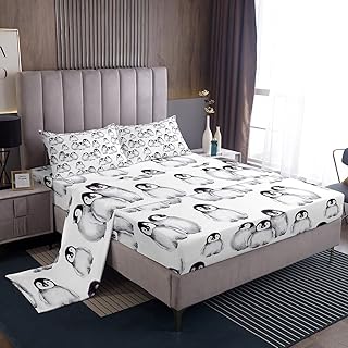 Penguin Bed Sheets Twin Size For Kids Boys Girls Antarctic Animal Sheet Set Cartoon Penguin Illustration Fitted Sheet For Children Teens Adult Grey White Black Flat Sheet 3Pcs With 1 Pillow Case