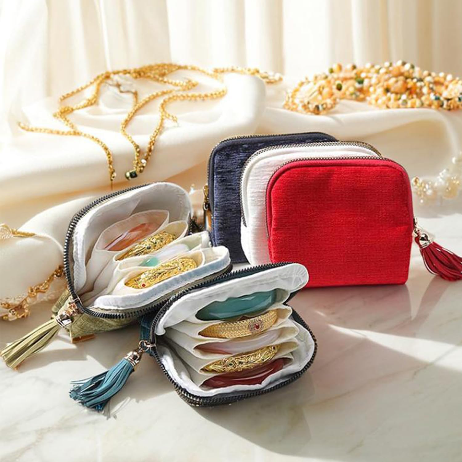 Travel Jewelry Case, Portable Jewelry Storage Bag, Compact Foldable Five Compartments Organizer Pouch with Zipper & Tassel for Earring Necklace Ring Bracelet (3pcs-B)
