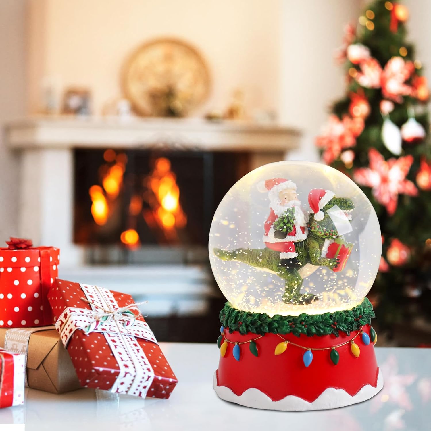 Christmas Snow Globe with Santa and Dinosaur, 3.9x3.9x5.1 Inch LED Light-Up and Music, Battery Operated Holiday Decoration – Festive and Fun for Holiday Décor and Gifts