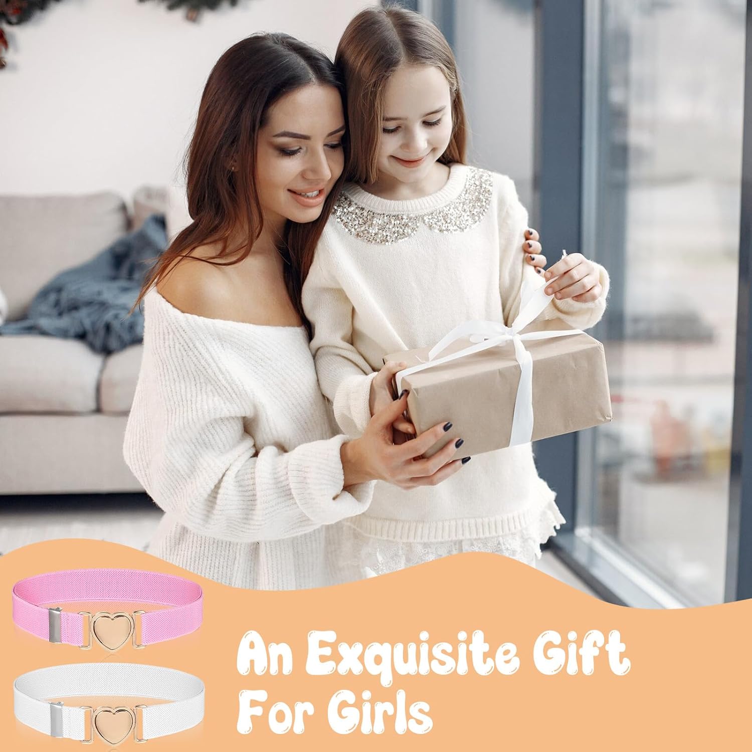 2 Pcs Girls Belts Elastic Waist Belt for Youth Cute Heart Shape Gold Buckle Adjustable Stretch Belts for Girls Pants Jeans Dress Waist Size 16-27" - Image 4