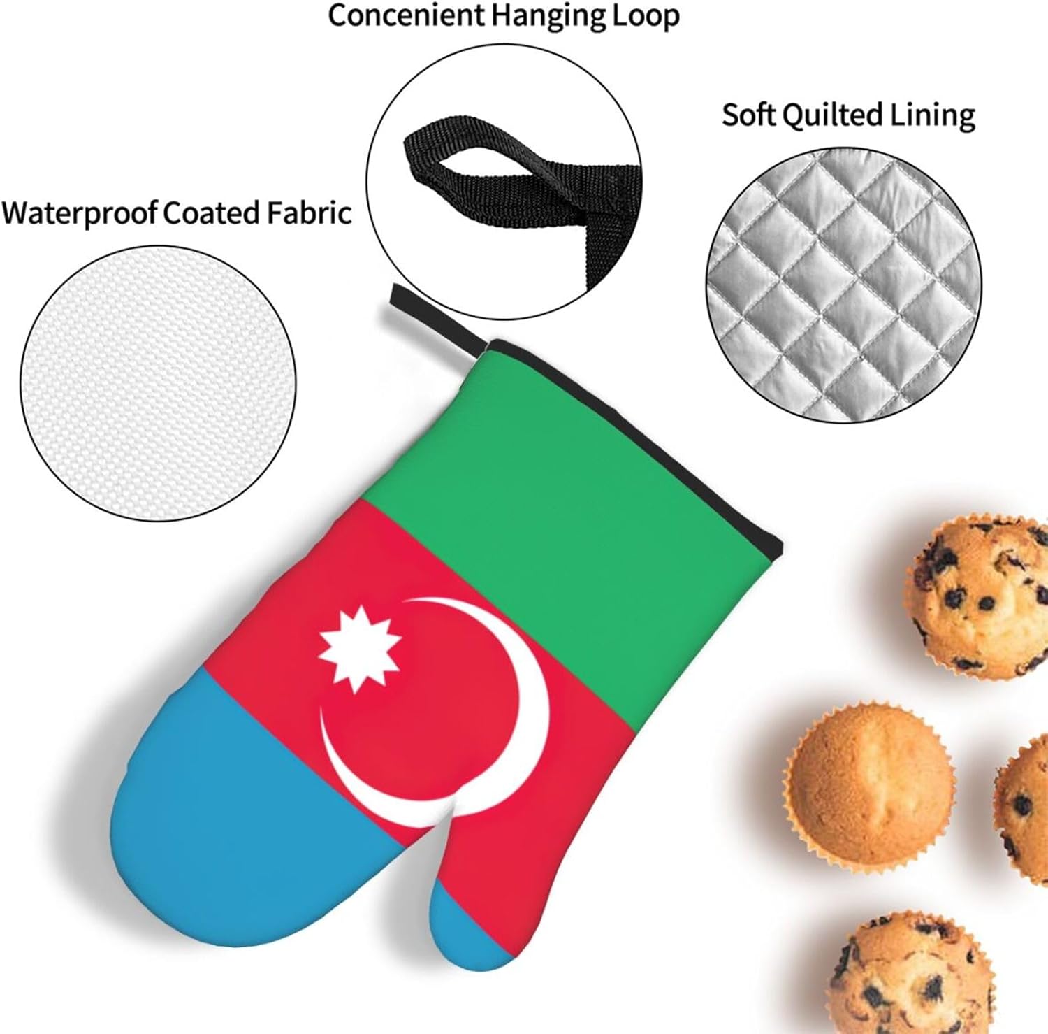 Flag of Azerbaijan Kitchen baking three piece set/oven gloves, fit for cooking, baking, steaming, and grilling
