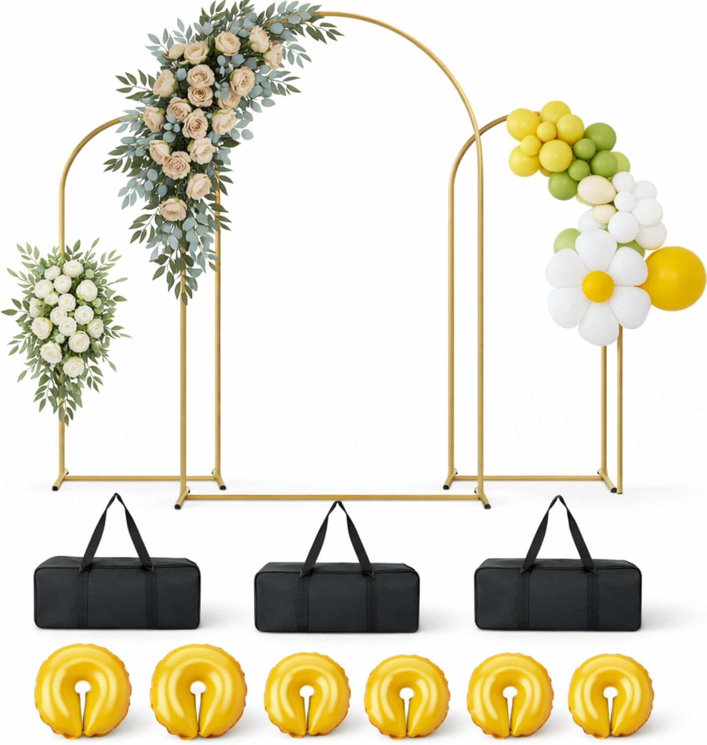 Gold Metal Arch Backdrop Stand Set of 3, 7.2ft/6ft/6ft Wedding Arch Photo Backdrop Frame with 6 Water Bags 3 Storage Bags for Wedding, Birthday, Baby Shower, Party Decorations, Flower Decor