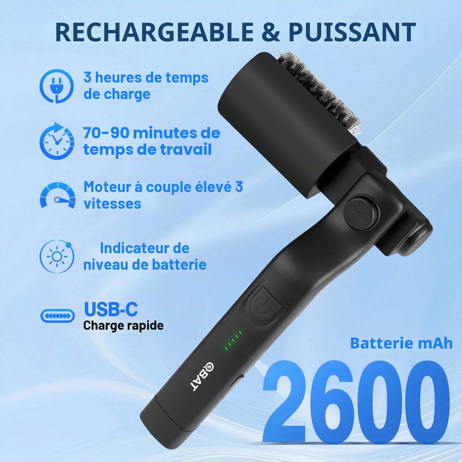 Brosse de nettoyage électrique pour gril alimentée par batterie – Tête réglable à 180°, moteur à 3 vitesses, autonomie de 90 min, étanche, têtes de brosse en acier inoxydable et nylon pour grille