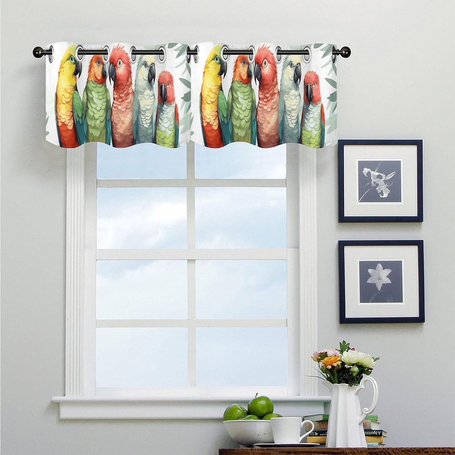 Colorful Parrots On Tree Valance for Windows, 2 Pack Kitchen Curtains Modern Home Decor, Soft Blackout Window Curtains for Living Room & Bedroom, 18 X 52 Inch
