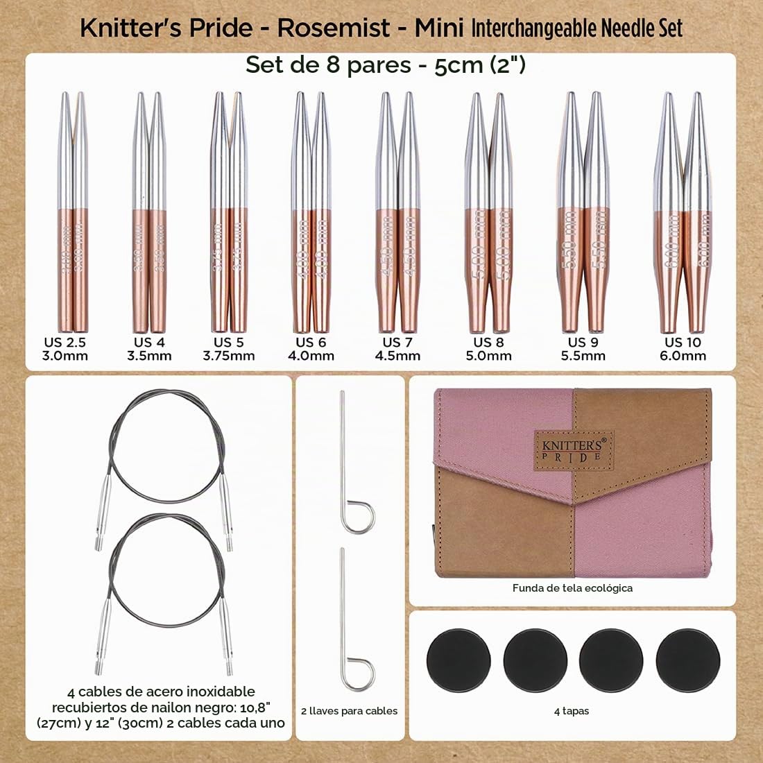 Set de Agujas Intercambiables Knitter’s Pride Rosemist Mini 5 cm