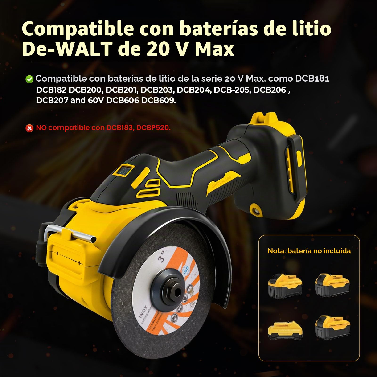 Mini amoladora angular para baterías DEWALT de 18 V y 20 V, herramienta de corte inalámbrica de 3 pulgadas, herramienta de molienda eléctrica sin escobillas de 20000 RPM con luz LED compatible con