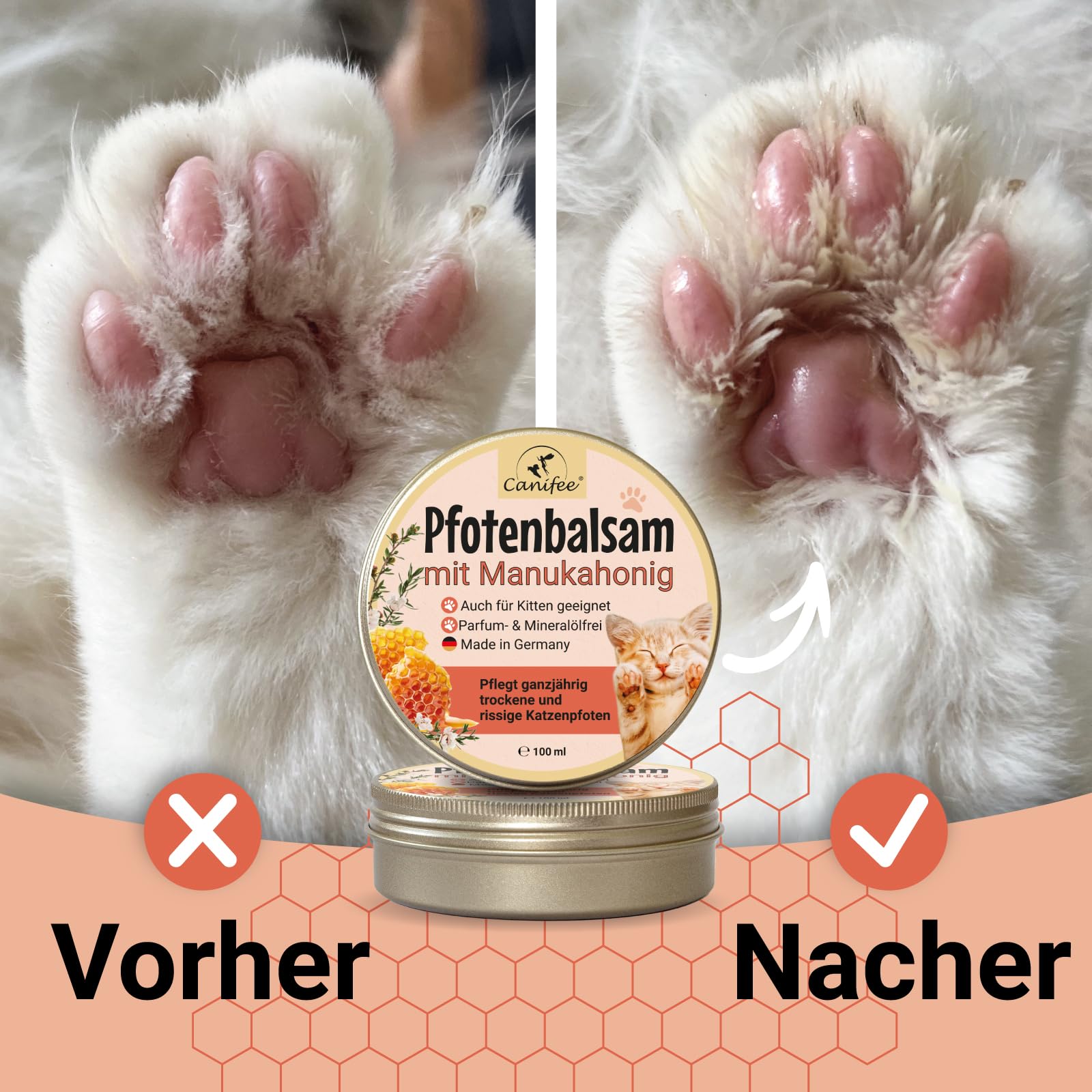 Baume Coussinet Chat Boîte de 100ml de Baume au Miel de Manuka, sans Parfumé et sans Huile - Creme Coussinet Chat - Hygiène et Santé du Chat - Protection Patte Chat - Patte de Chat