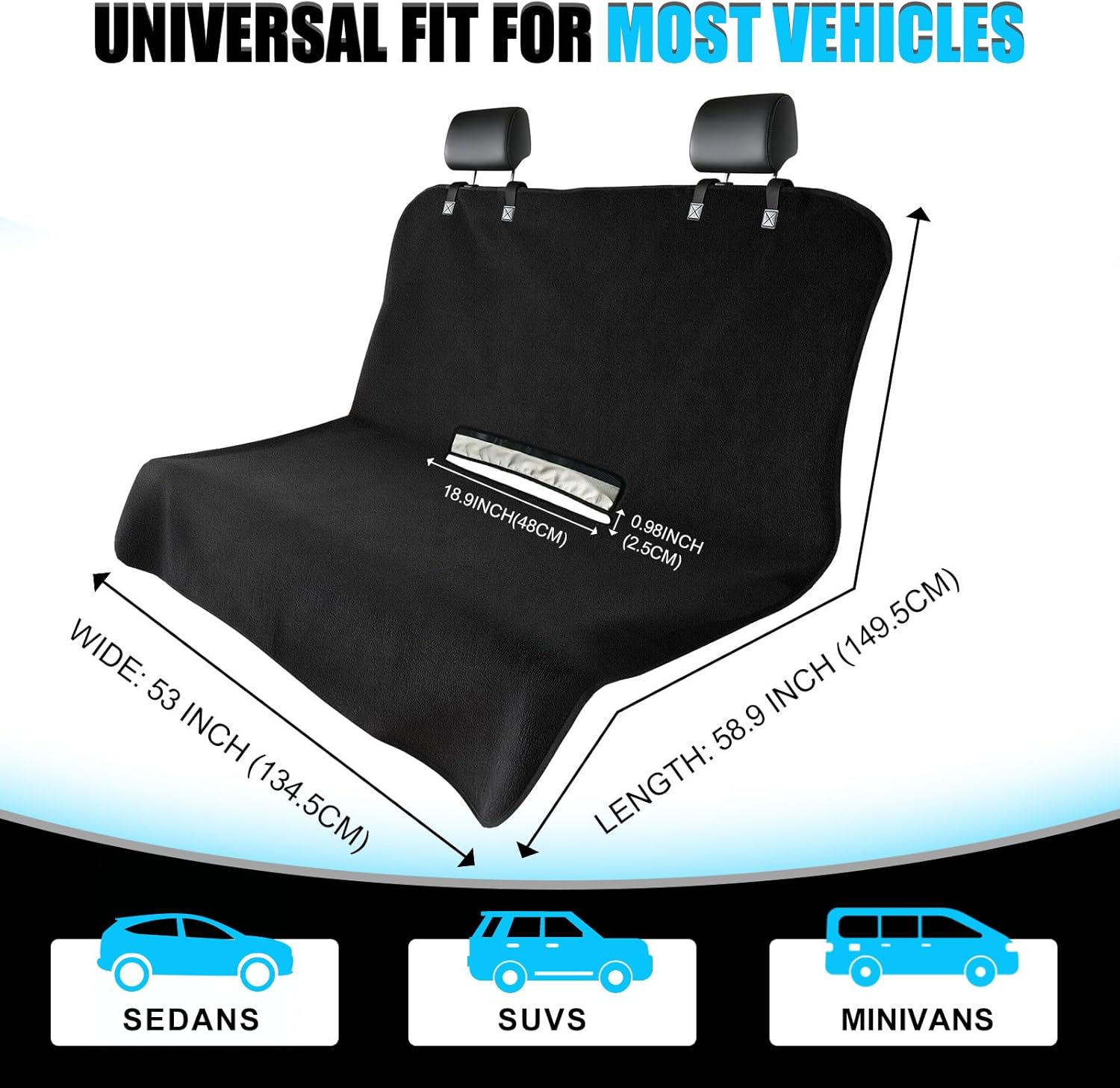 Universal Waterproof Terry Cloth Car Back Seat Cover - Heavy Duty Sweat Towel Rear Seat Protector for Post-Gym, Yoga, Beach, Pets & Kids - Machine Washable, Non-Slip Backing, Black (55" x 29")