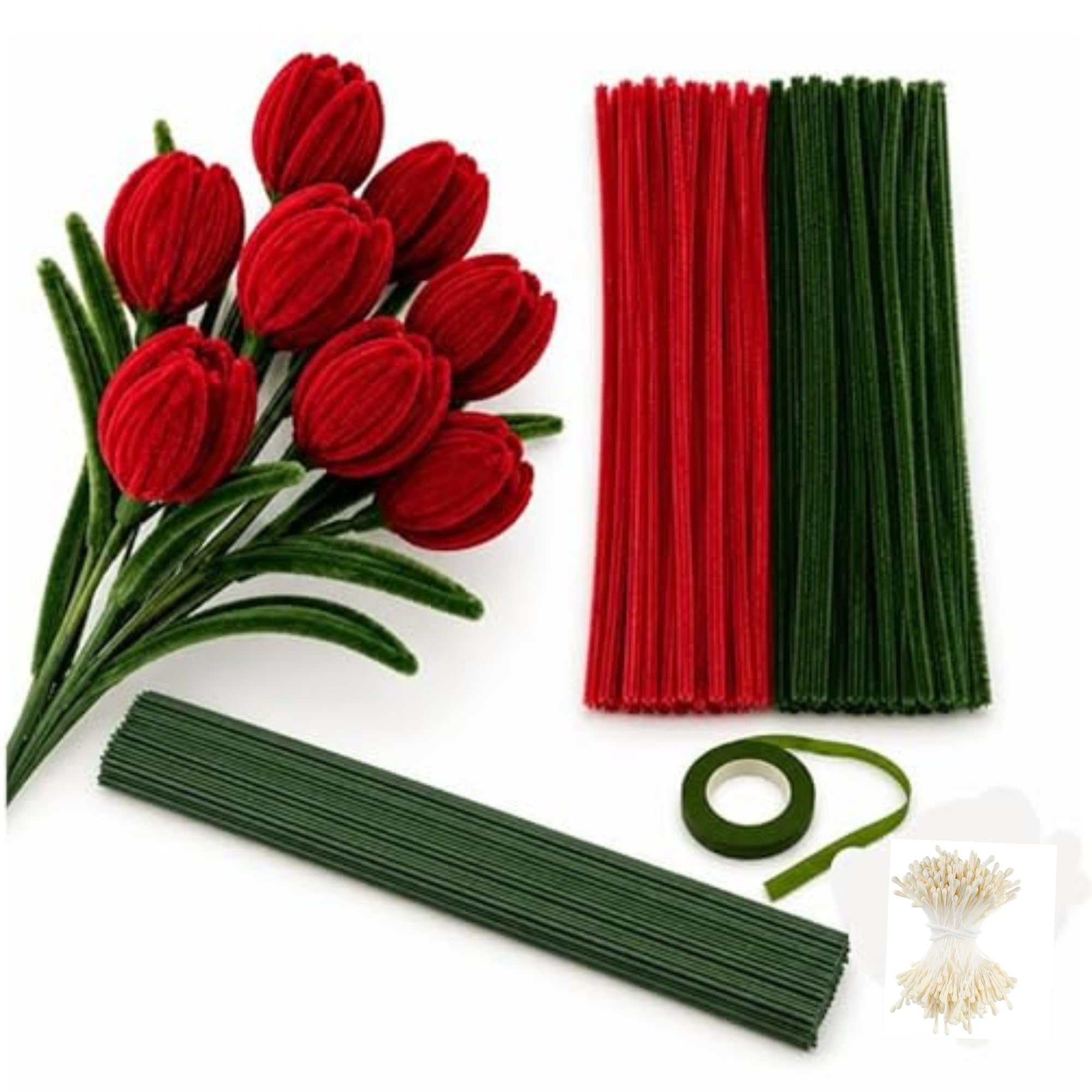 200 Pipe Cleaners Craft Kit with Floral Tape, Stem Wire & Flower Stamens (Red and Green Kit)-image-15