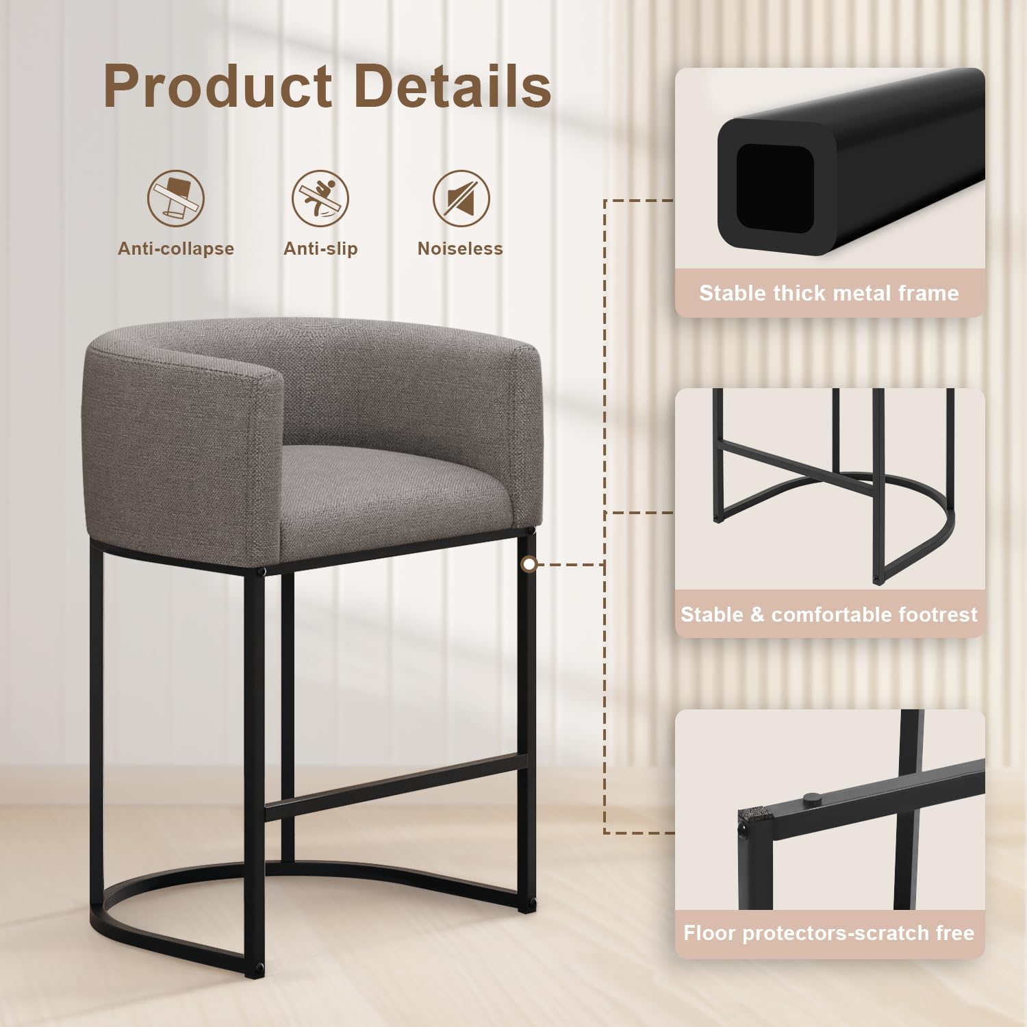 26" H Counter Height Bar Stools Set of 3, Modern Barrel Counter Stools with Backrest and Arms, Linen Fabric Upholstered Accent Barstools for Kitchen Island,Support 450 LBS (Gray)