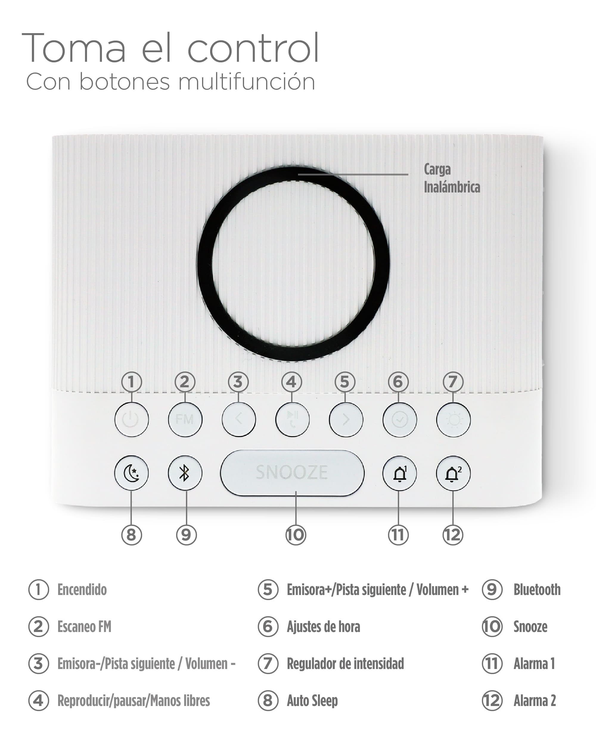 KSIX Sveglia Caricabatterie wireless WUAD, Altoparlante Bluetooth, Radio FM 10W Wireless, Qi Charger, Sveglia Digitale Doppio Allarme, Colore Bianco Lucido