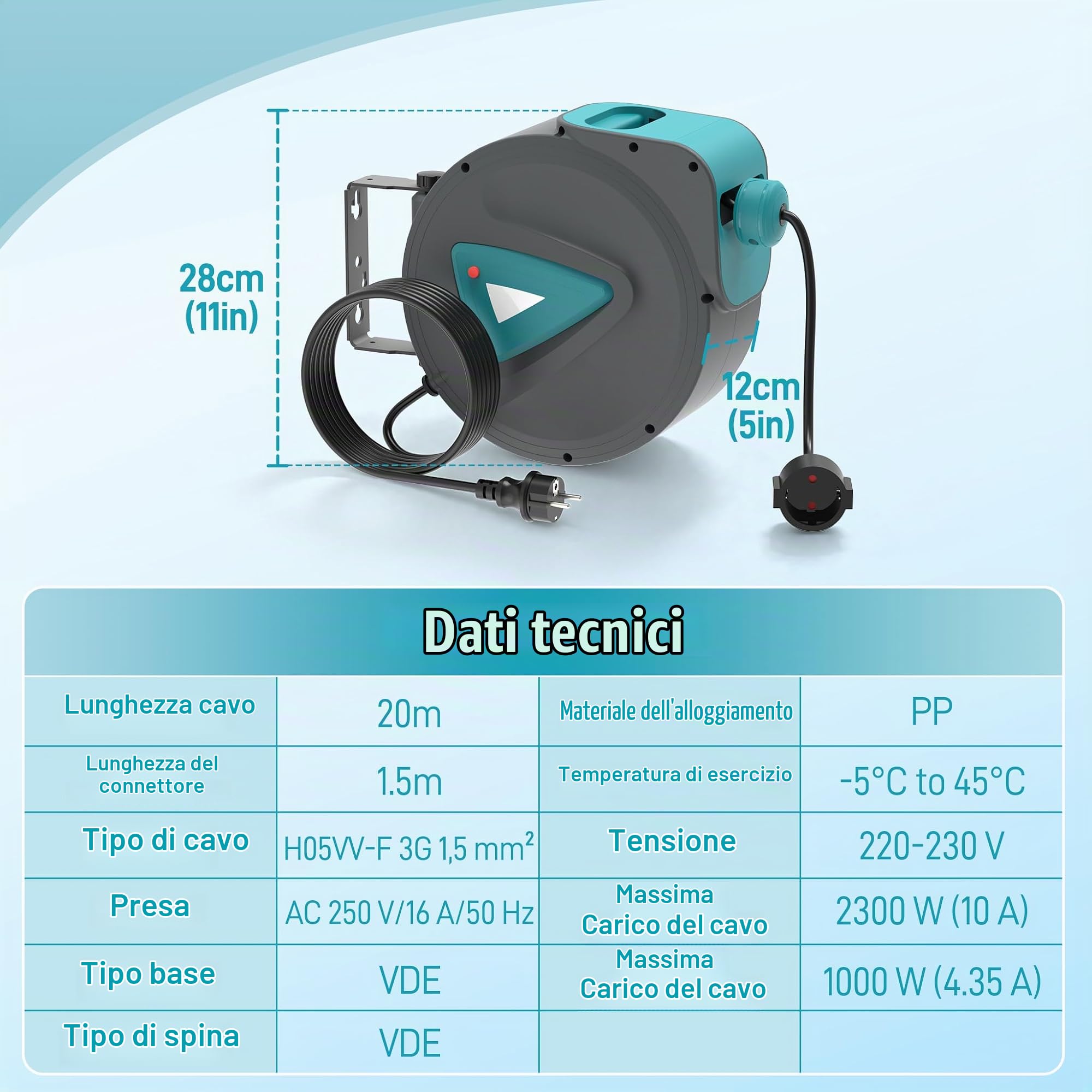 Froadp 20m Automatic Bobine per Cavo, Avvolgicavo con Montaggio a Parete, Bobina Elettrica con Protezione da Sovraccarico, Rotante a 180° con Cavo Elettrico per Gestione del Cavo(Blu)