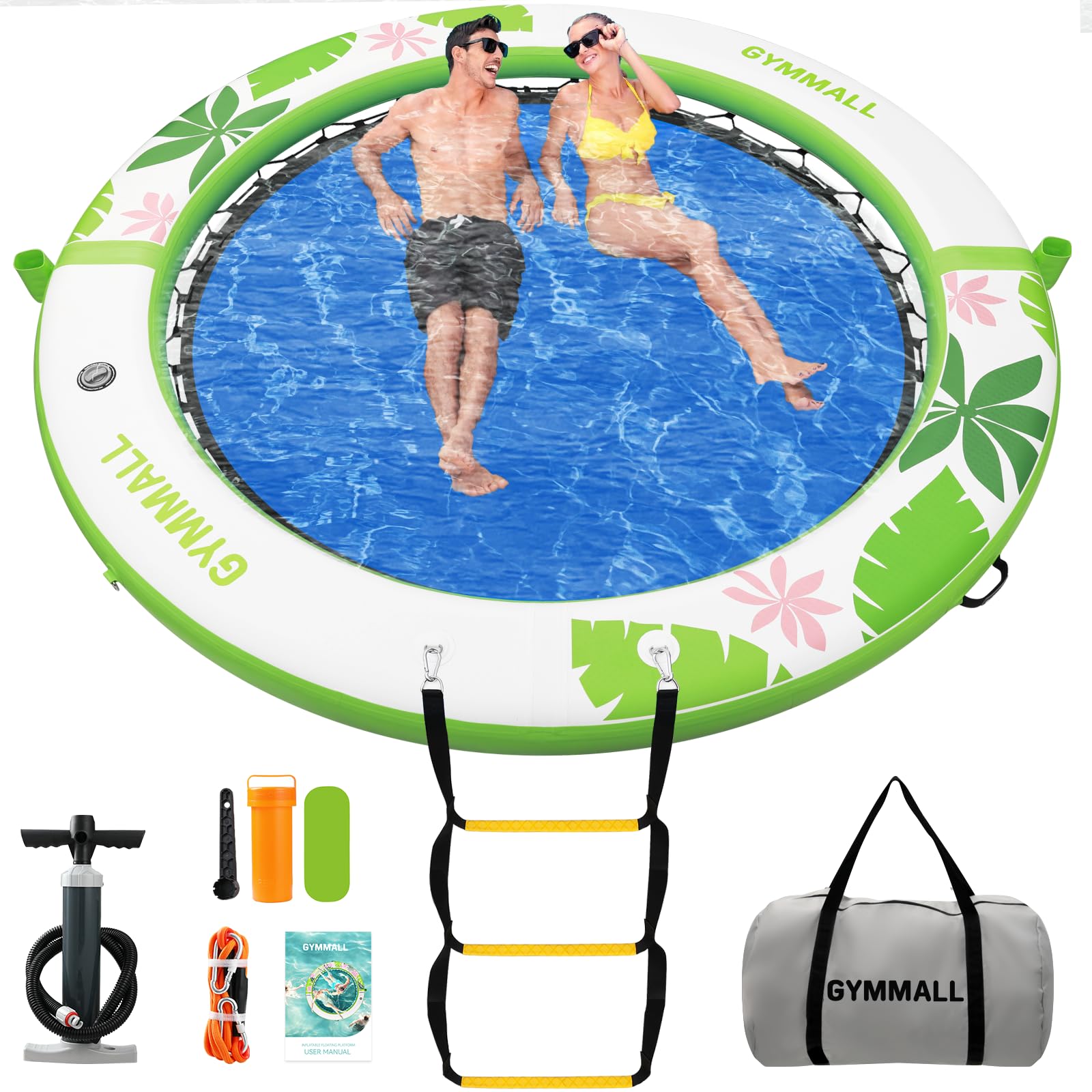 Inflatable Water Hammock Floating Dock 8 FT with Mesh, Tanning Pool Raft Round Ring for Adults, Float Platform for Lake and Beach with Water Ladder and Cup Holder