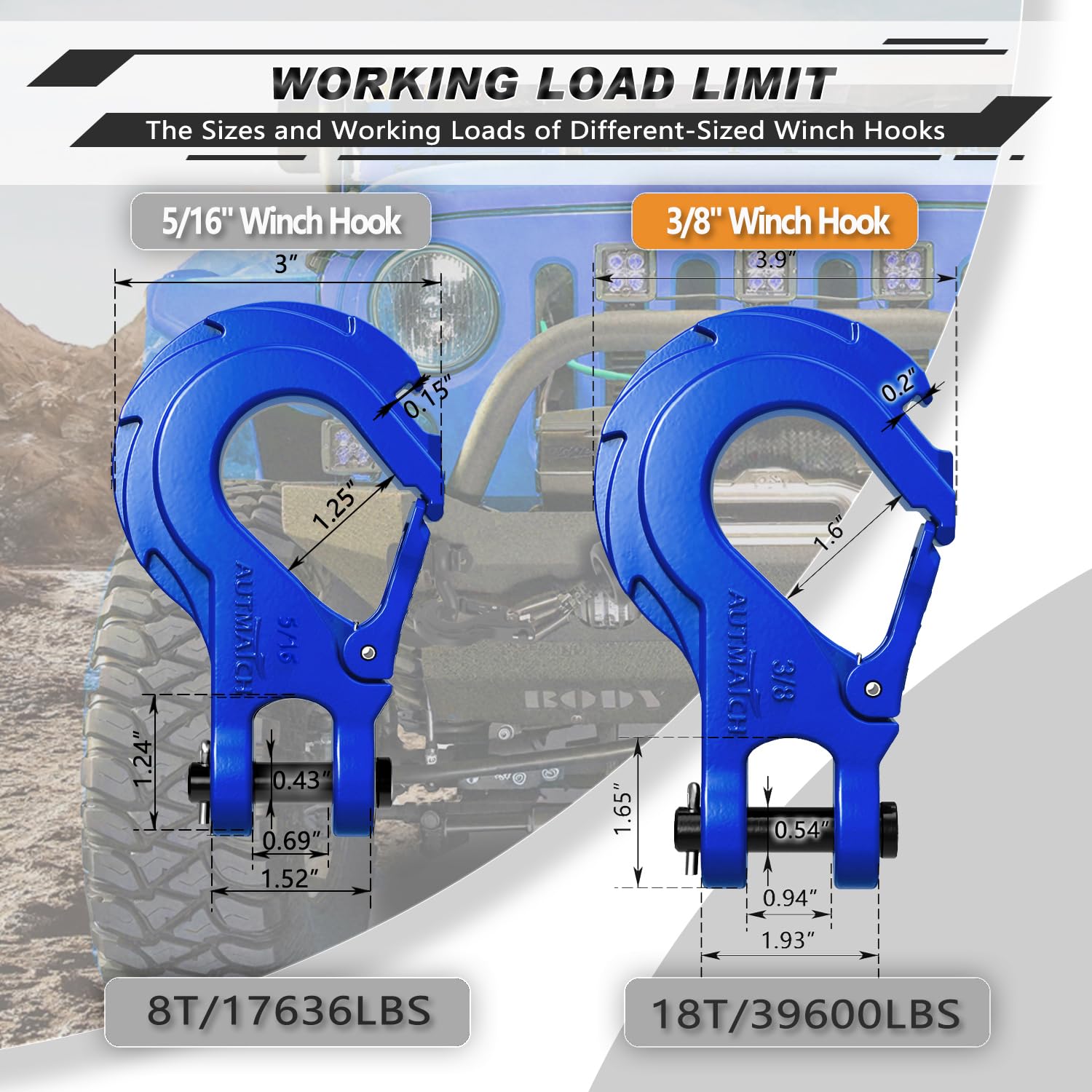 AUTMATCH Loquet de sécurité pour treuil de 9,5 mm – Grade 70 en Acier forgé avec Plaque en Acier, Charge maximale de 18 kg pour Corde de treuil, VTT, UTV, véhicule Tout-Terrain, Bleu