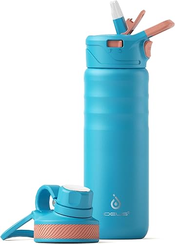 Miniatura 66 de IDEUS Botella de agua aislada de acero inoxidable con 2 tapas a prueba de fugas, termo para senderismo y ciclismo, 24 onzas, amarillo brillante