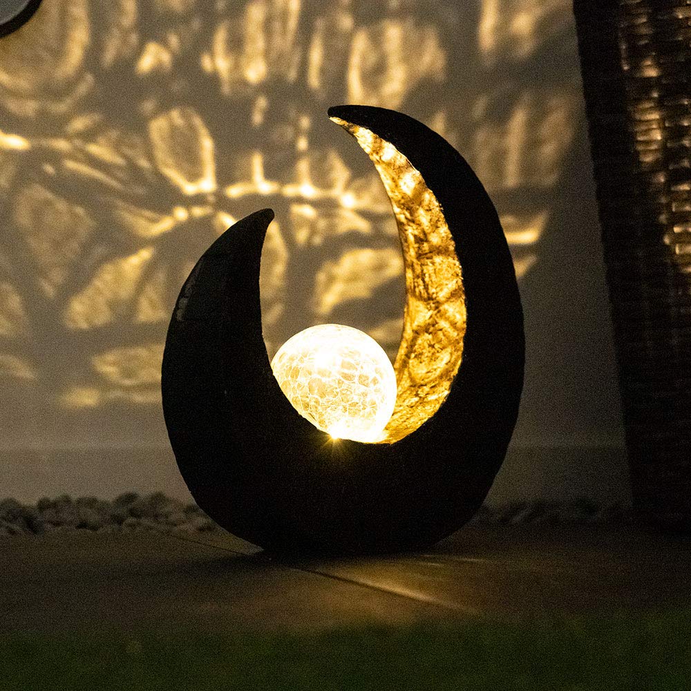 GLOBO LED Solarleuchte Flamme Außenleuchte Garten Solarlampe Mond Gartenlampe, IP44 Akku, Crackle Glaskugel schwarz, 2er Set
