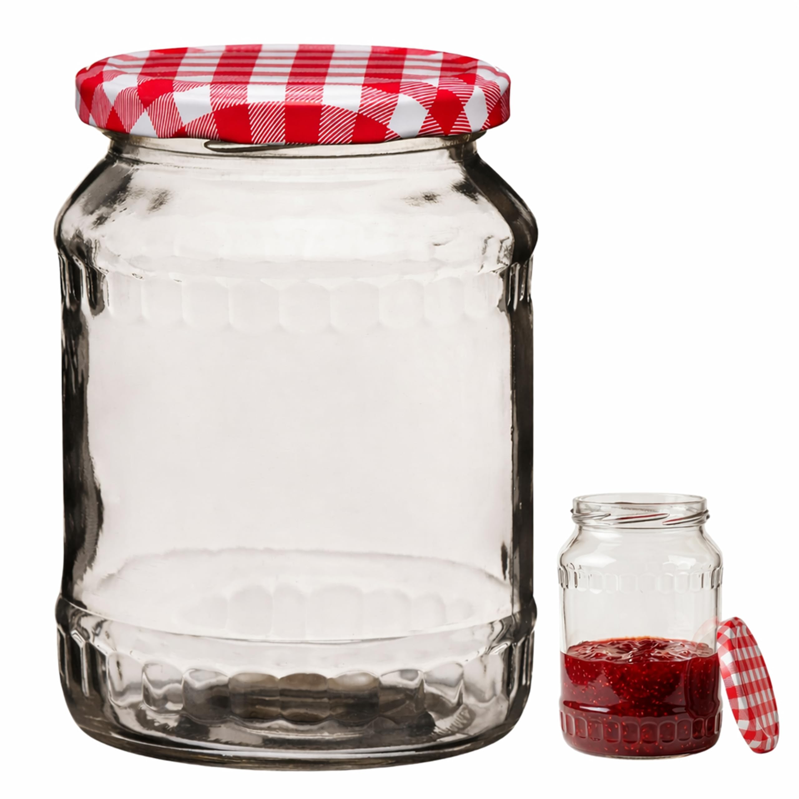 B&Q -  Clear Glass Jar With Red Gingham Lid 630MlAirtight Storage Container For KitchenIdeal For Preserves