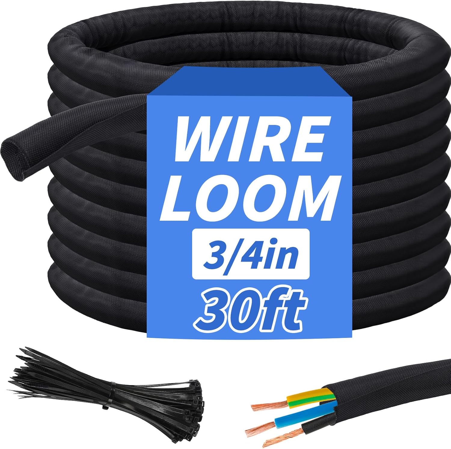 30FT Split Braided Sleeve Cable Management, 3/4 Inch Wire Loom Tubing Cord Protector Self-Wrapping, Flexible Cable Sleeve Cord Management for Automotive TV Computer Electrical Cable Protection