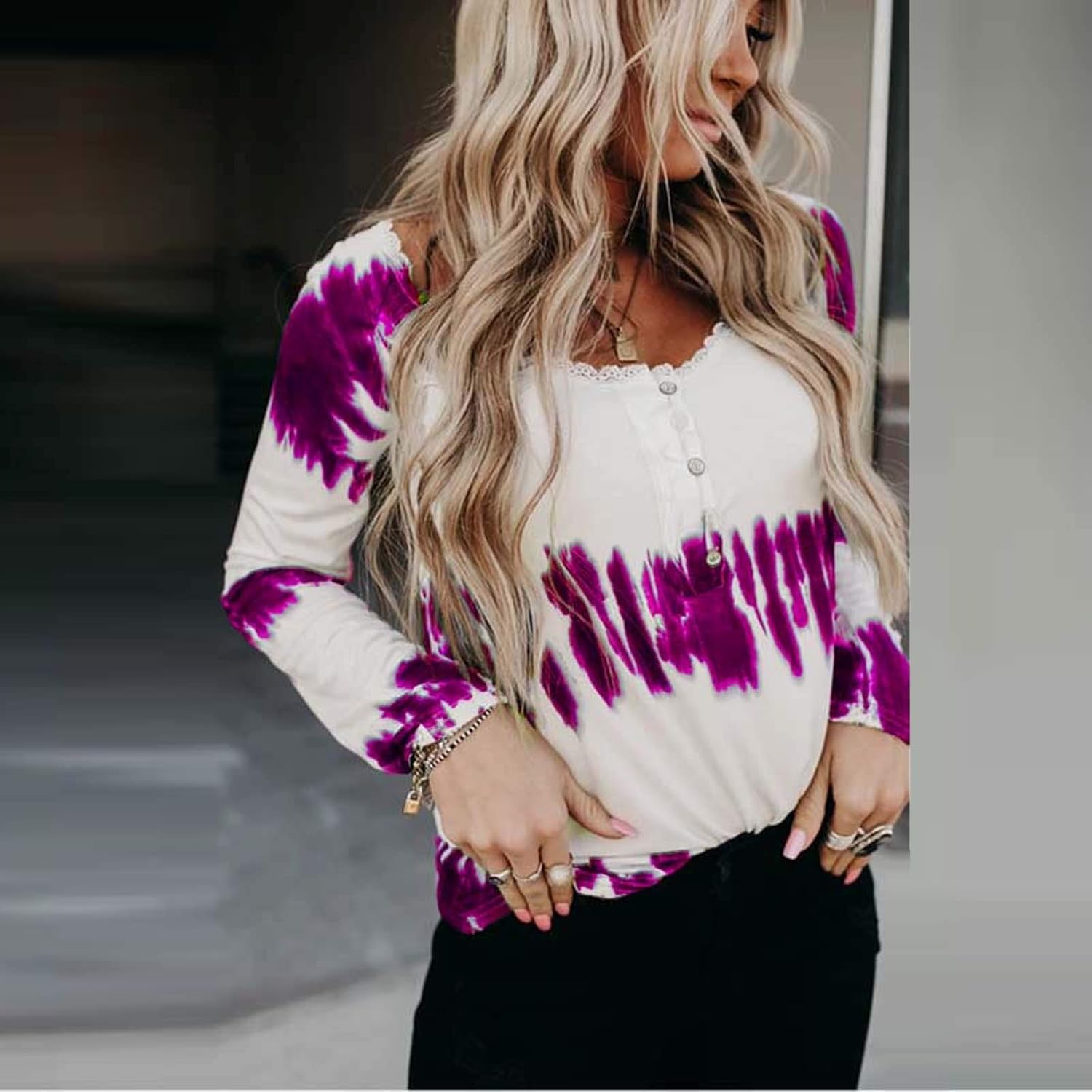 OIOLOY Long Sleeve Winter Crew-Neck Sweatshirt Woman Stretch Tye Dye Outdoor Pullovers Loose Fitting Thick with : Sports & Outdoors