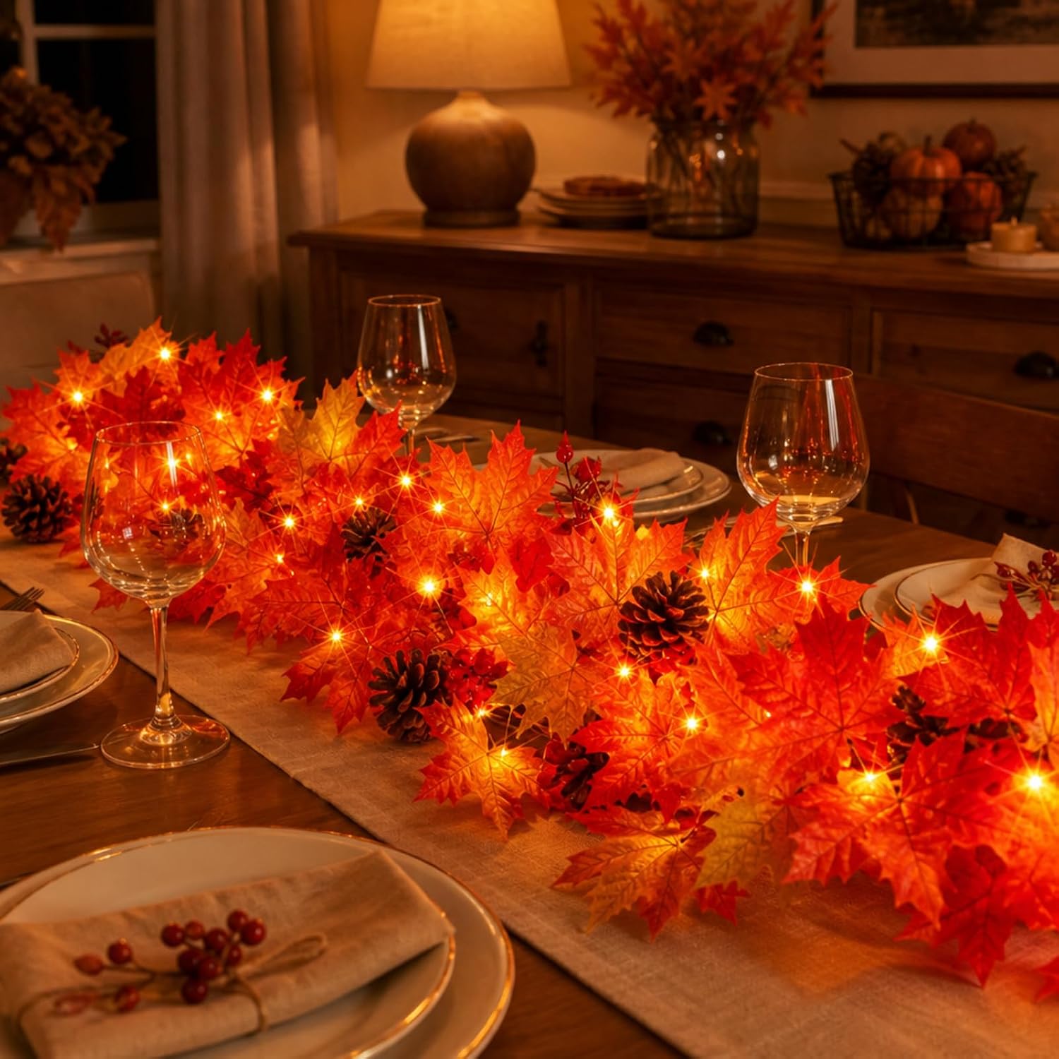Fall Decorations Lighted Fall Garland with Pinecones and Berries, 9FT 50 Incandescent Bulbs UL Certified Connectable Lush and Thicker Fall Garland with Lights for Harvest Halloween Thanksgiving Decor