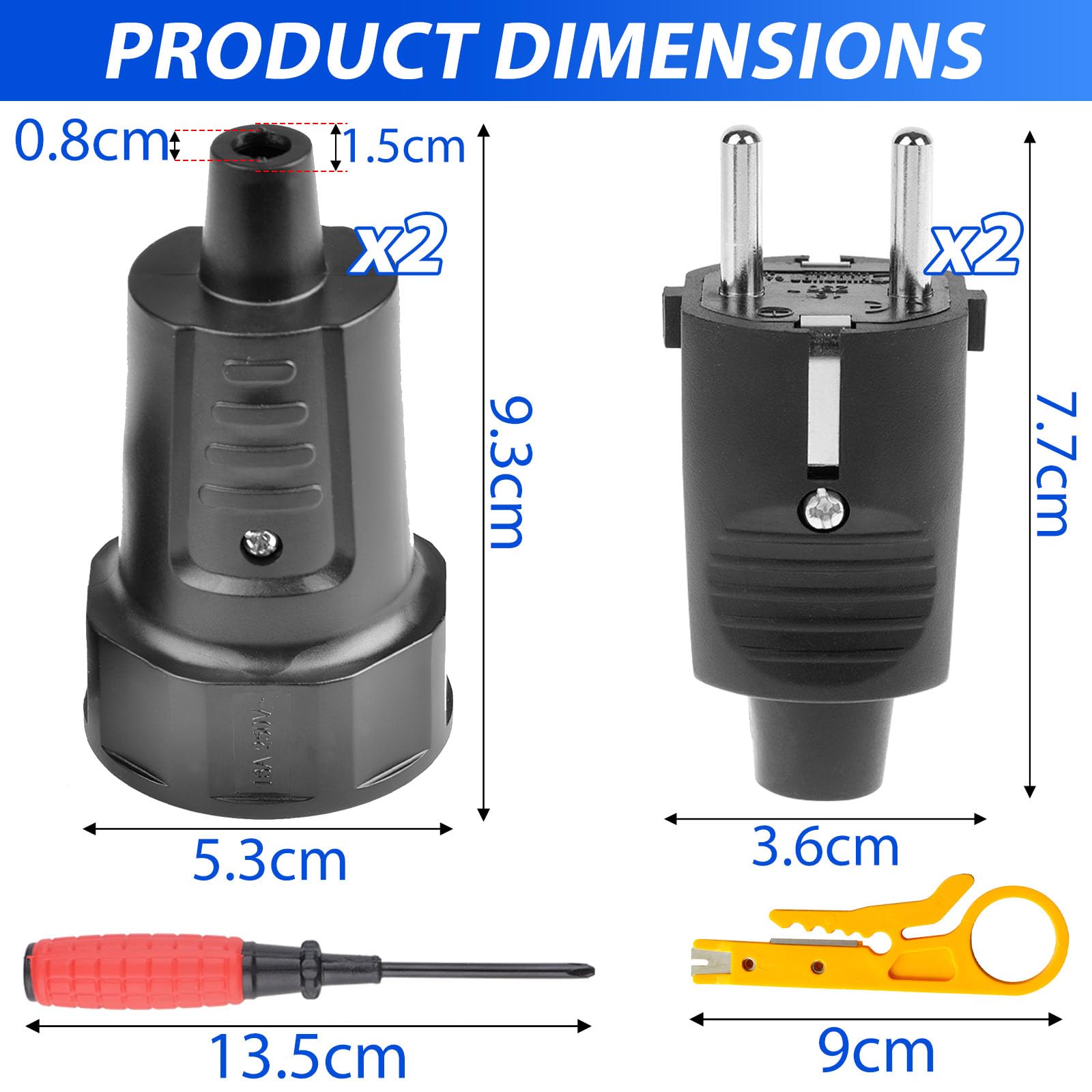 2 coppie spine e giunti 250V 16A IP44 Set di giunti spina Schuko con protezione antipiega Giunto spina Schuko a 2 poli Spina di sicurezza in gomma nera per esterni impermeabile
