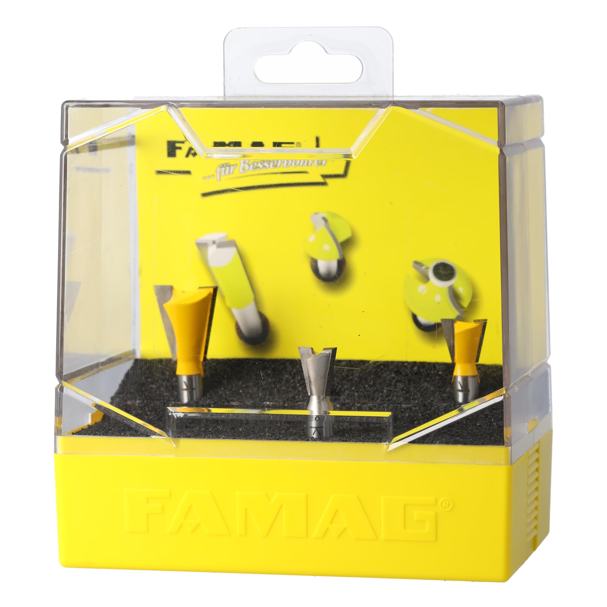 FAMAG Set di frese per denti | 3 pezzi: 12,7 x 12,7 mm, 14,3 x 12,7 mm e 22 x 22 mm, per scanalature di collegamento e scanalature, 2 tagli HM con angolo di 14° | scatola di plastica | 3104.903