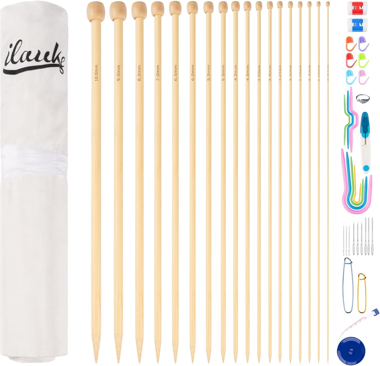 ilauke 70Pcs Bamboo Knitting Needle Set, 18 Pairs Single Pointed Wooden