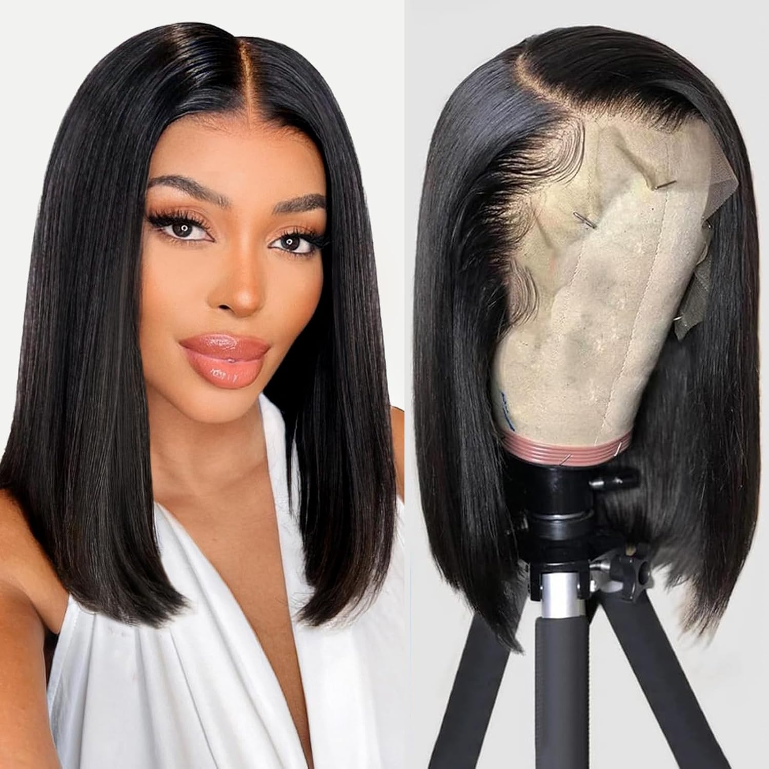 Iridescent Glueless Human Hair Lace Front Wig for Black Woman - 13x4 Straight HD Transparent Pre-Plucked Bob Wig, 180% Density, Short, Natural Black, 16 Inch