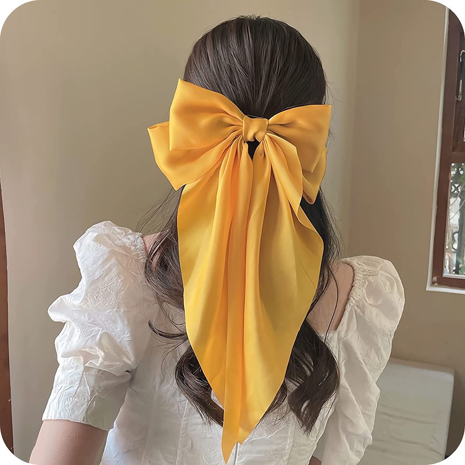 Ash & Roh Big Satin Layered Hair Bows For Women Girls 8 Inch Barrette Hair Clip Long Black Ribbon Bows French Style Hair Accessories (Yellow)