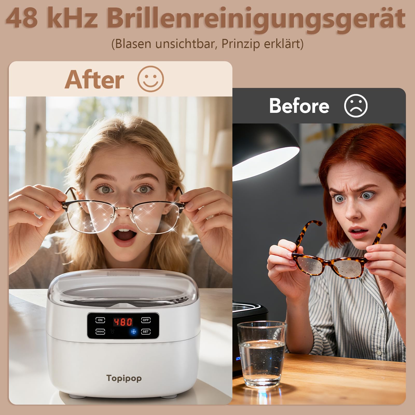 Topipop Ultraschallreinigungsgerät, 48000Hz Brillenreinigungsgerät | 750ml Ultraschallreiniger, Professional Ultrasonic Cleaner zum Reinigen von Brillen, Uhren, Ringen, Rasierklingen (White)