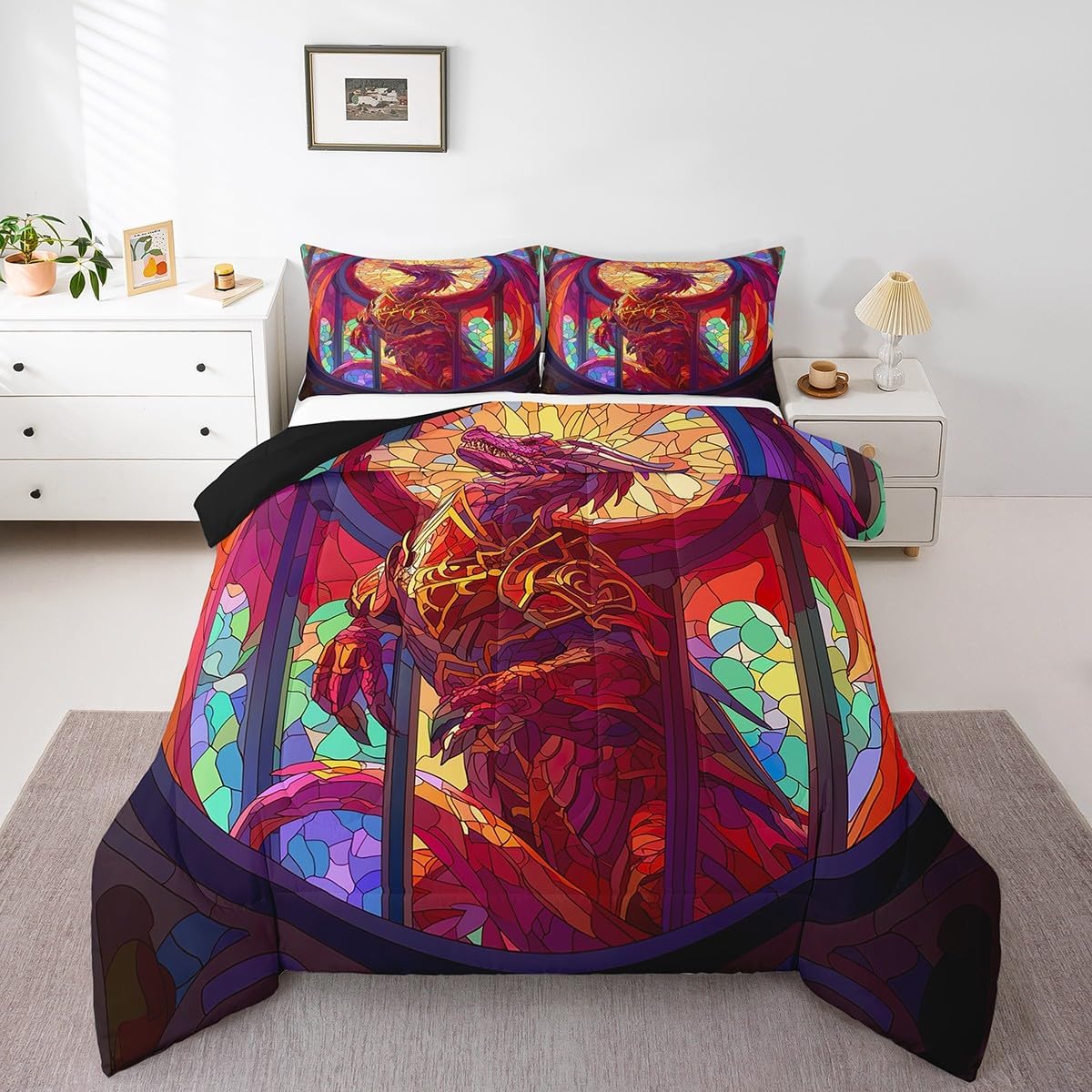 Feelyou Dragon Comforter Set Queen Size Dragon Stuff Comforter for Boys Girls Teens Wild Life Bedding Set Dragon Decor Duvet Set Room Decor Dark Orange Quilt Set